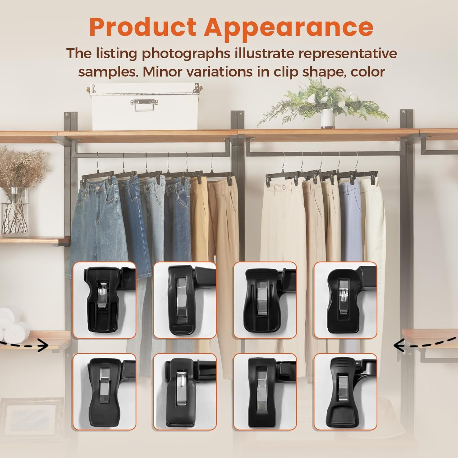 Black Pants Hangers 50 Pack, 12 Inch Skirt Hangers with Non-Slip Big Clips and 3