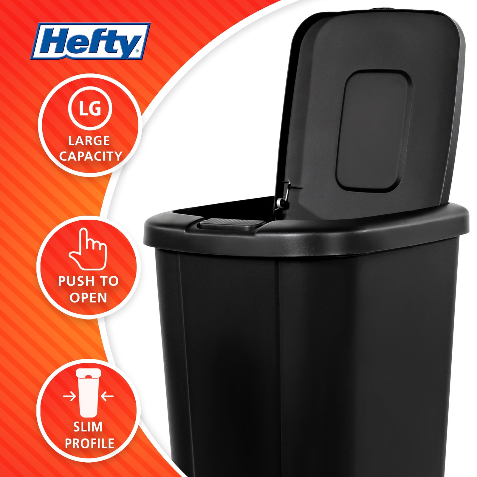 Hefty 13gal Touch Top Trash Can, Kitchen Garbage Bin with Lid, Black