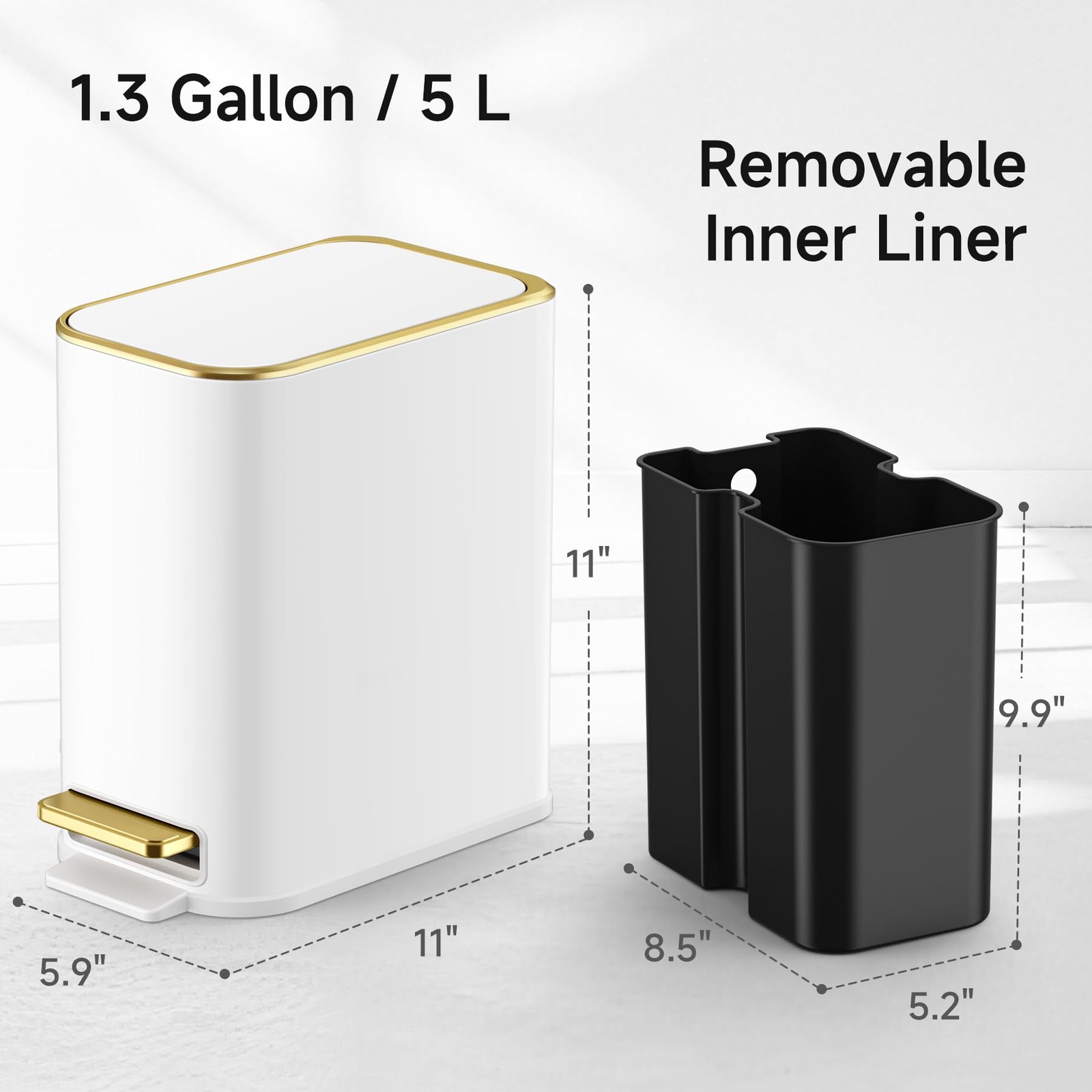 White 5L 1.3 Gallon Stainless Steel Step Slim Small Bathroom Trash Can Dust