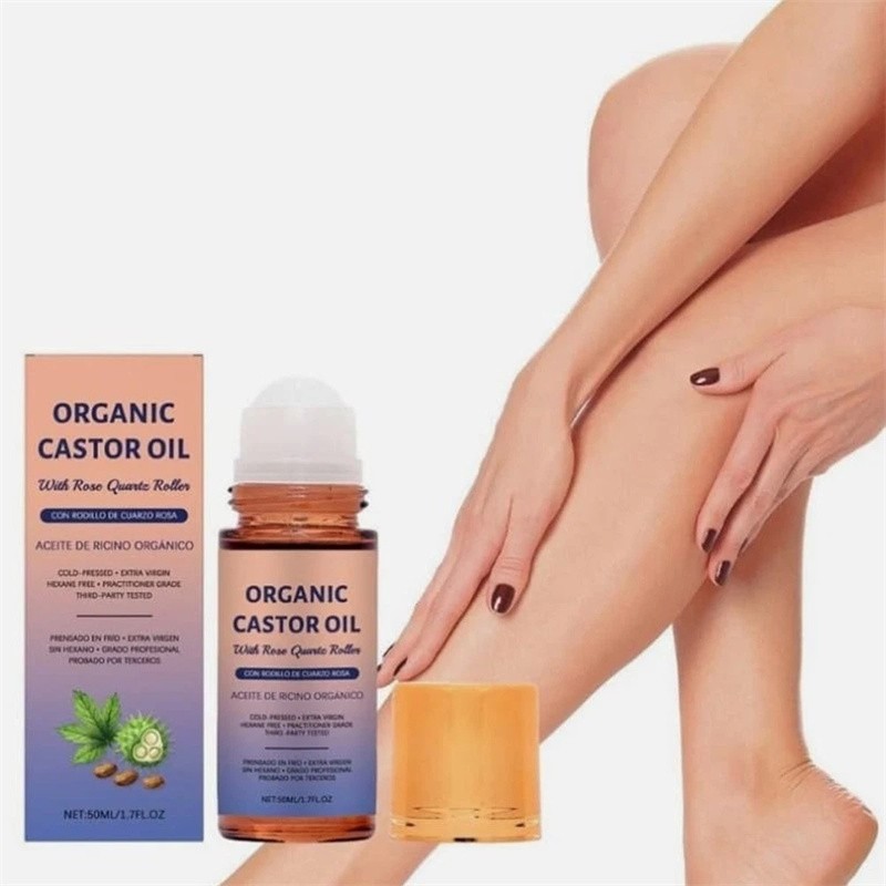 3x Organic Golden Castor Oil Roll-On with Rose Quartz for Skin,Hair&Wrinkle