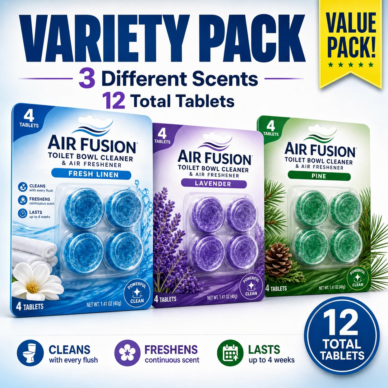 Toilet Bowl Cleaner Tablets 12 Pack Air Fusion Fresh Linen Bathroom Air Freshene