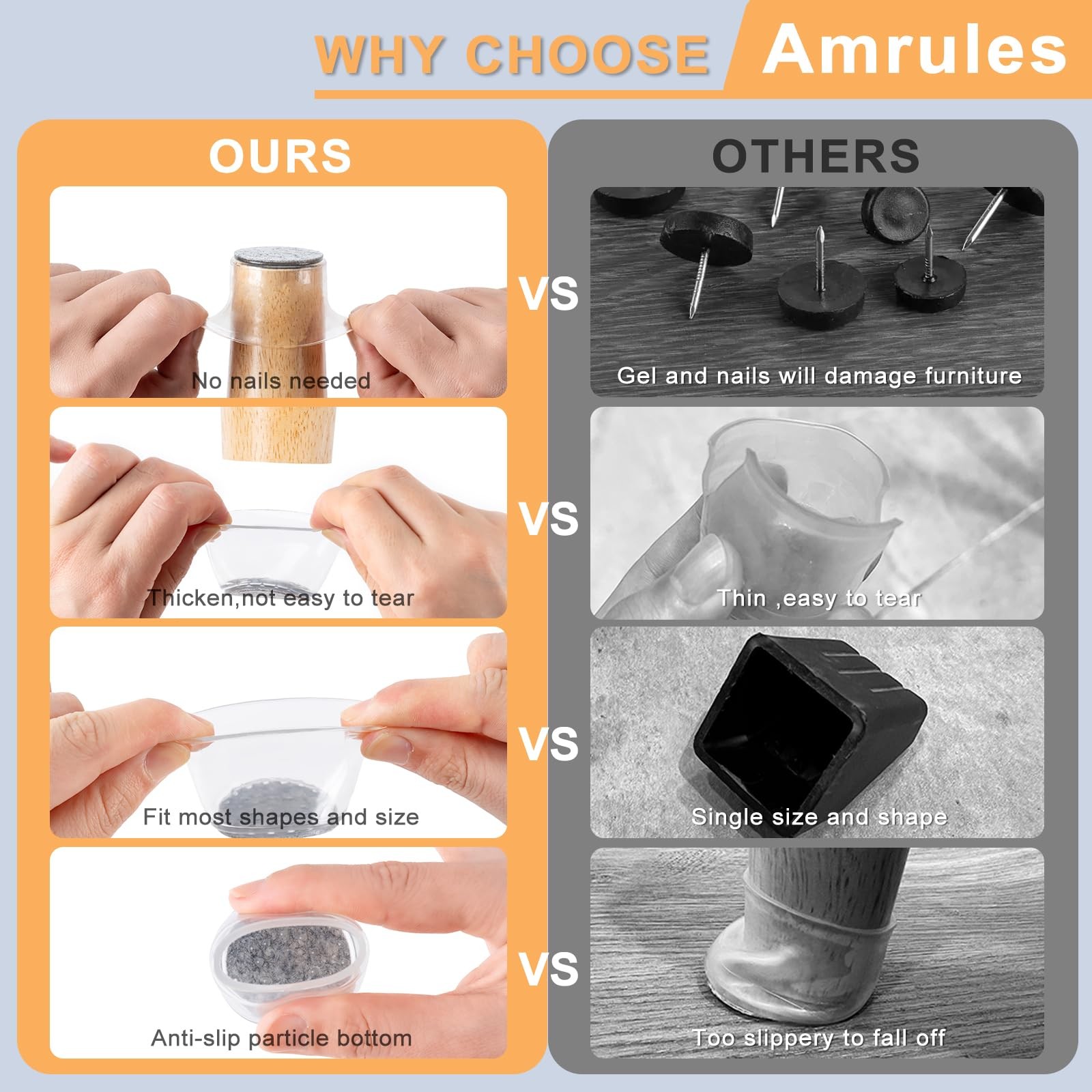 Amrules 36Pcs Chair Leg Floor Universal L(Fit:1.3″-2″), Clear & Silver-36pcs