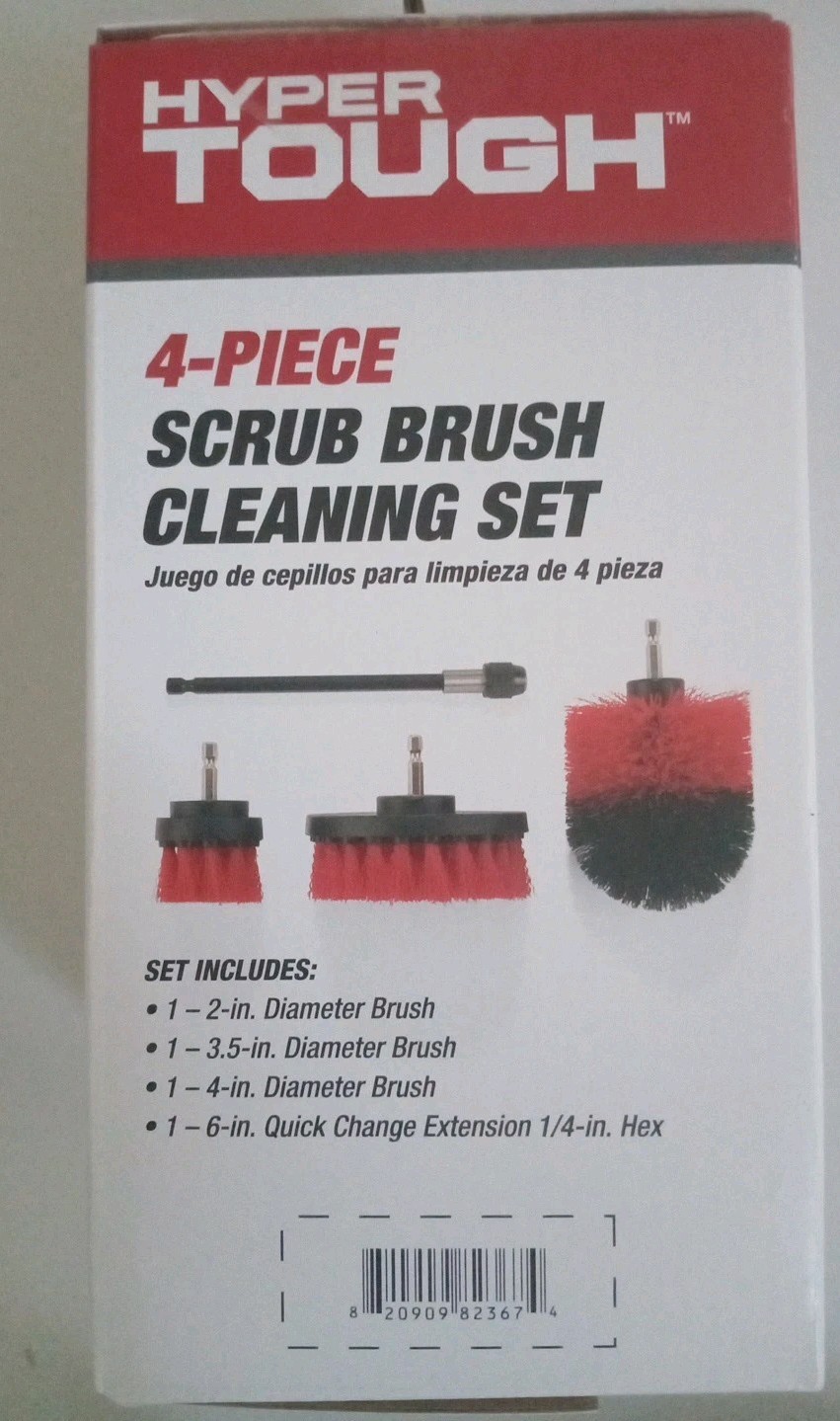 New Hyper Tough 4 piece Scrub Brush Cleaning Set Tool Attachments