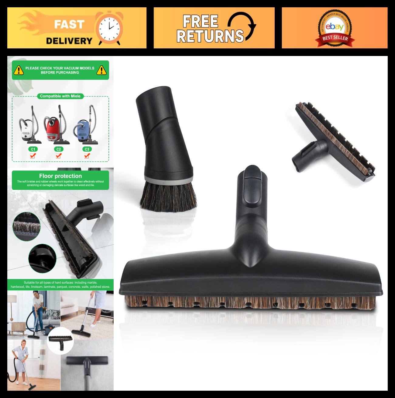 2-Piece 35mm Vacuum Attachments Set – Soft Bristles, Abrasion-Resistant, Strip R