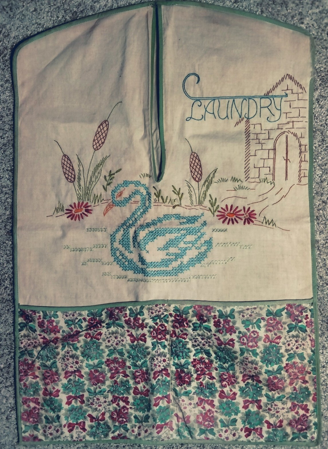 Vintage Embroidery Ladies Laundry Bag & Clothespin Hanging Bag Rare Handmade