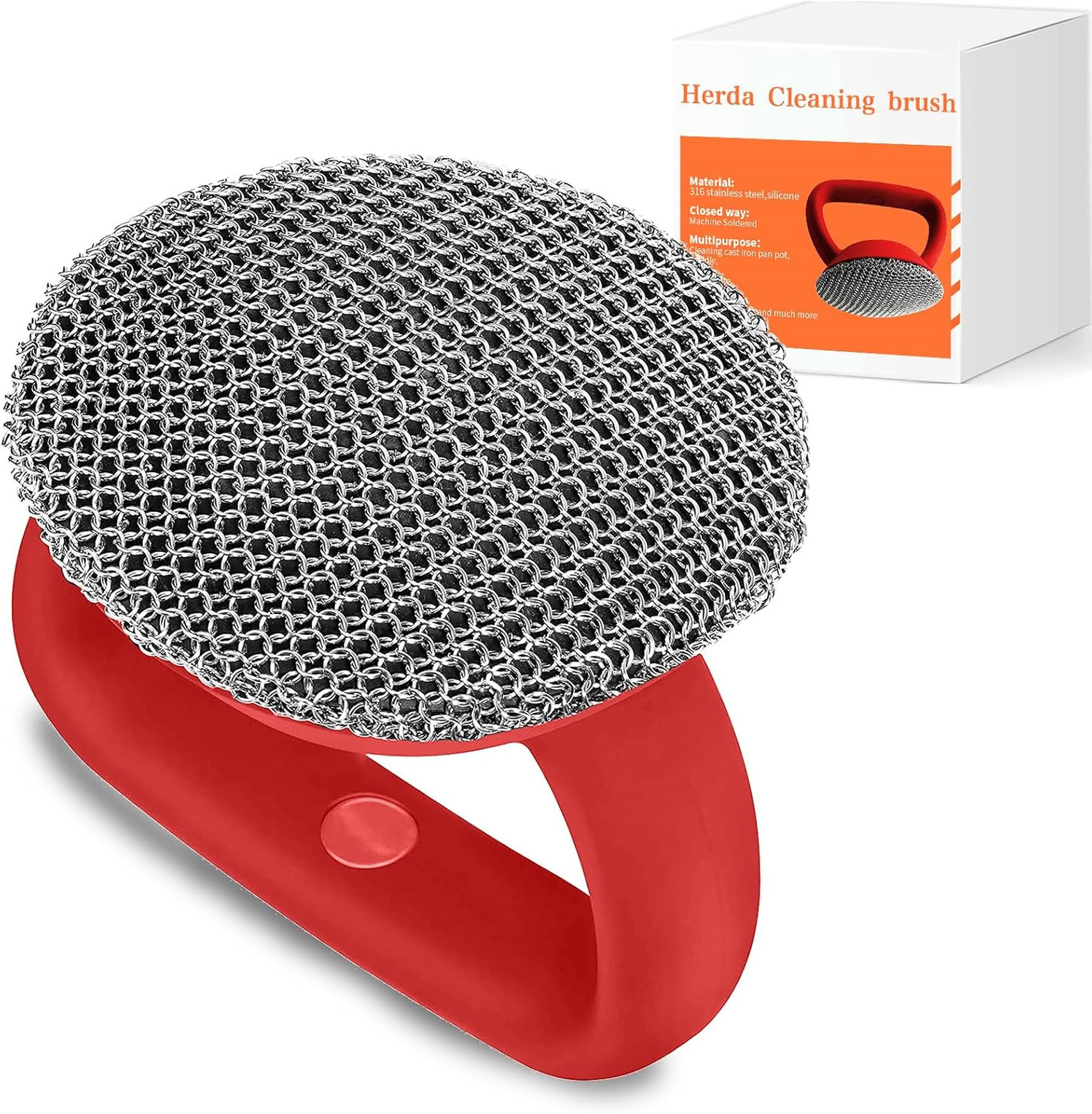 Cast Iron Scrubber Heavy Duty Handle 3mm Fine Ring Kitchen Cleaning Tool Red