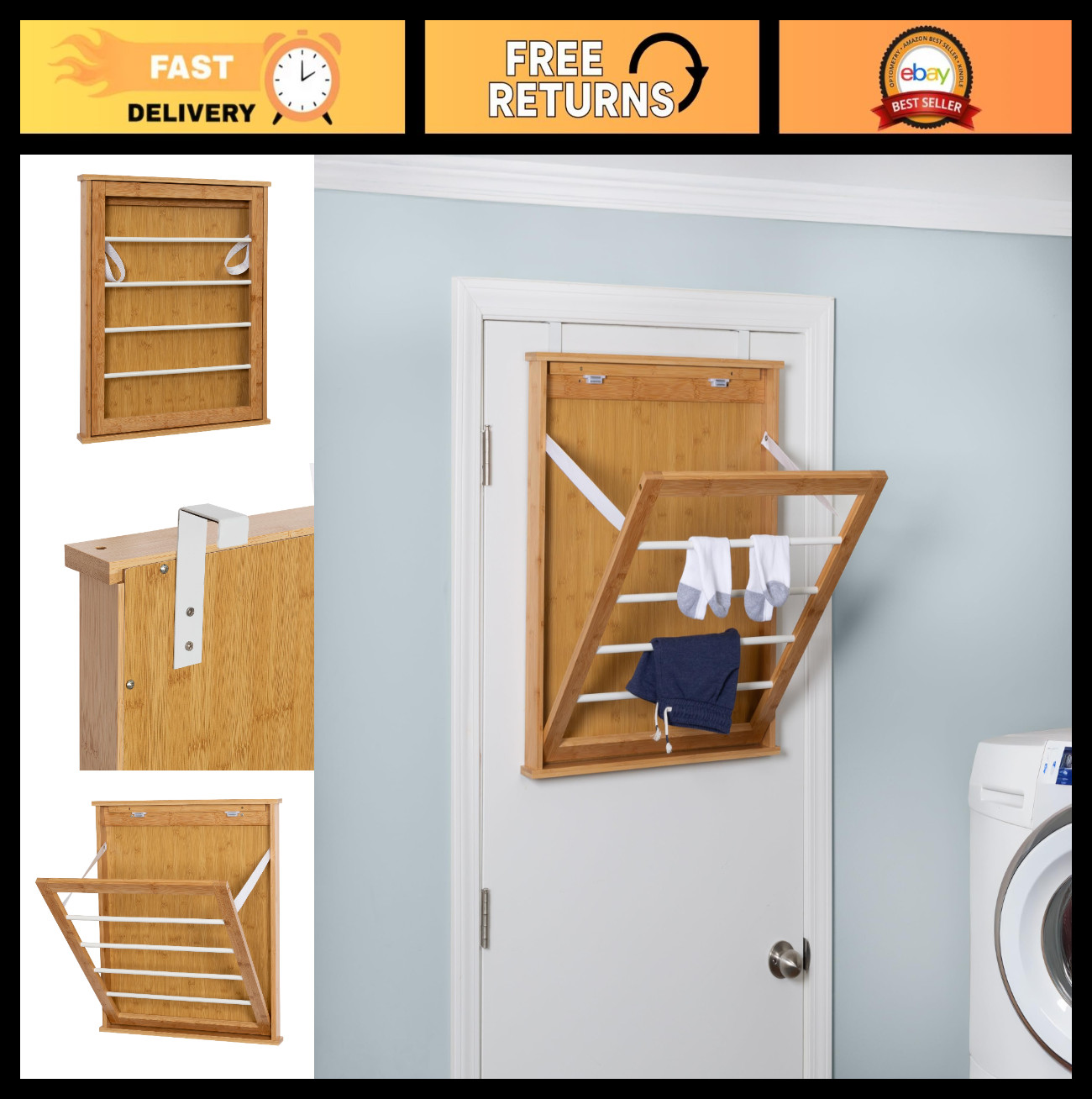 Collapsible Bamboo Wall-Mounted Clothes Drying Rack, 23″ W x 27.25″ H, Space-Sav
