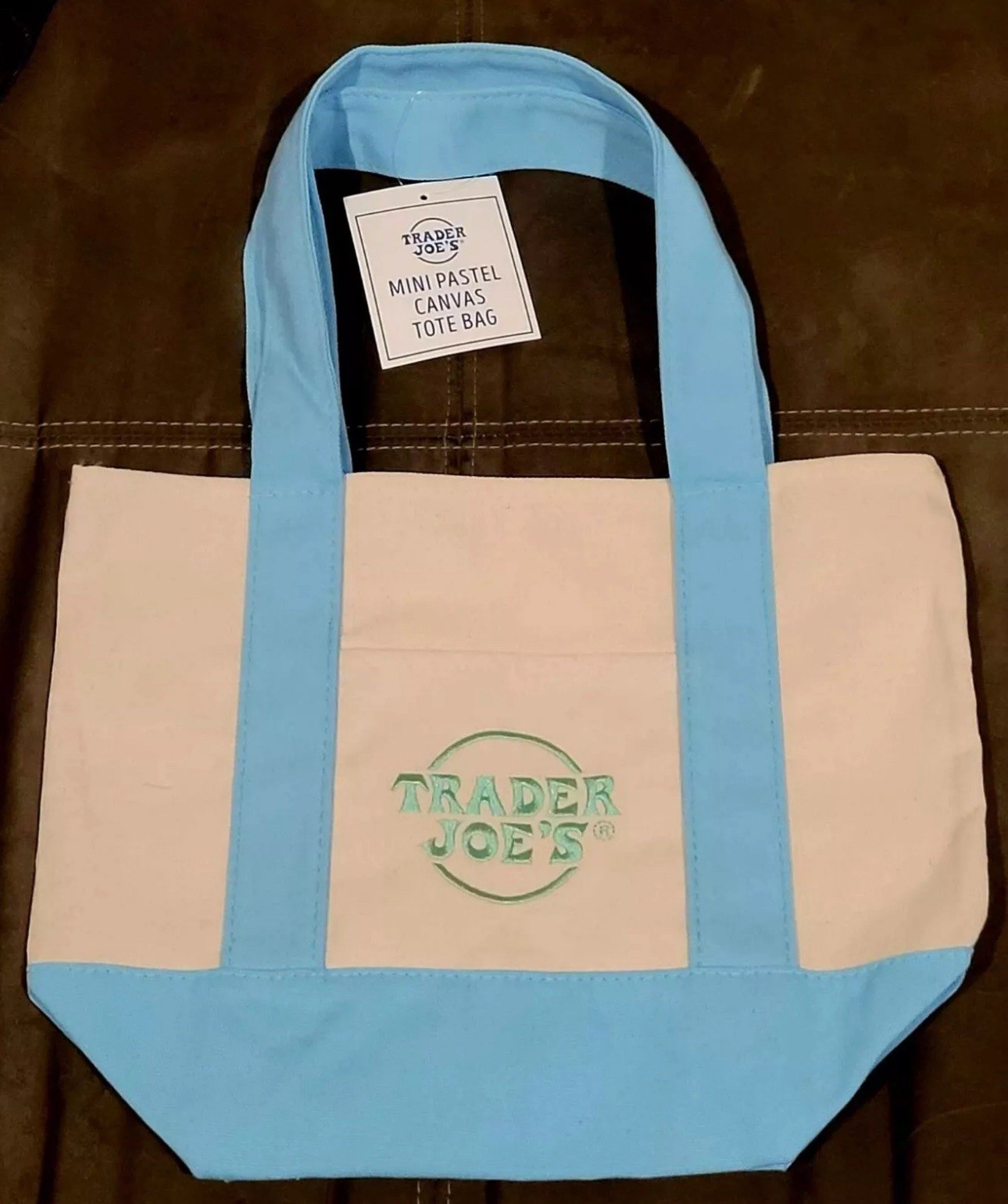 TRADER JOE’S SPRING 2025 MINI CANVAS TOTE IN BABY BLUE EMBROIDERY NWT
