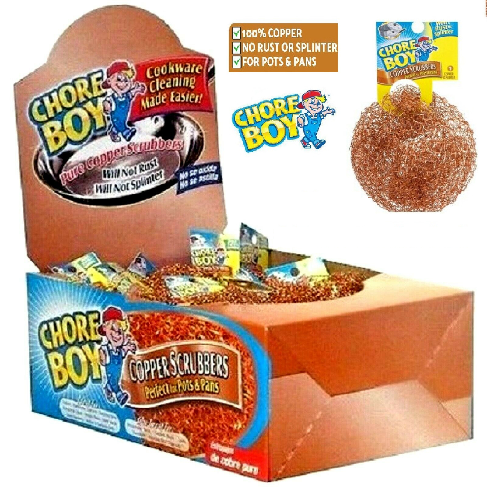 NEW CHORE BOY COPPER SCRUBBER 36 PIECES 100 % COPPER DISPLAY BOX