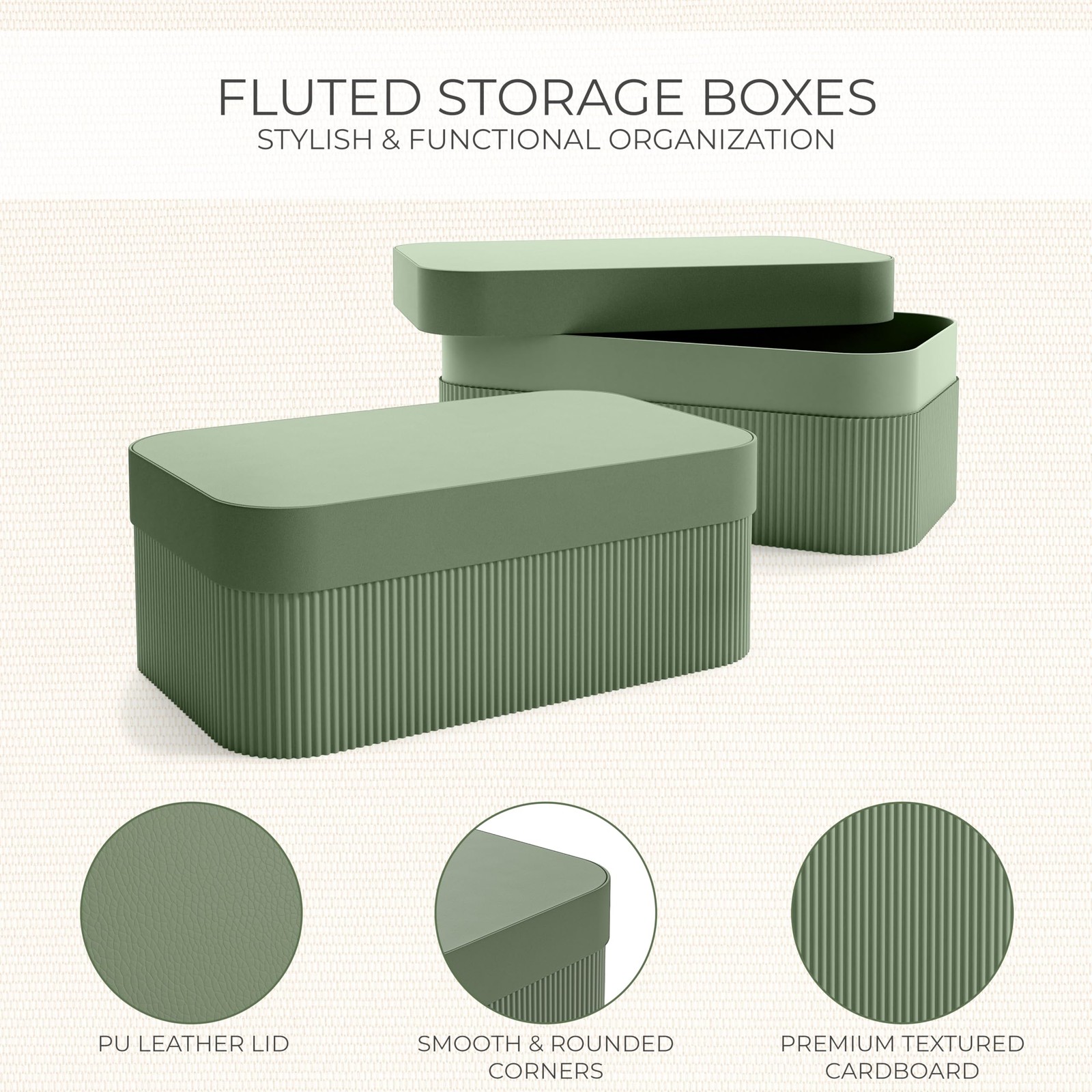 Decorative Storage Boxes with Lids, Set of 2 Fluted Cardboard Organizers