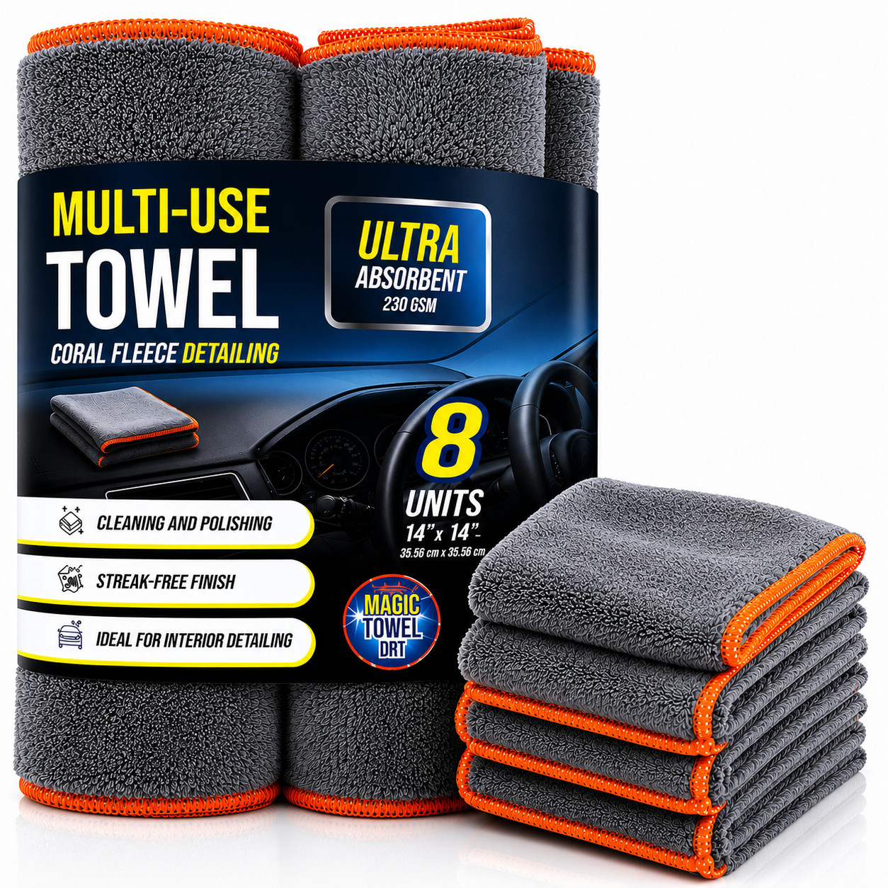 8-Pack Microfiber Car Detailing Towels 14×14 230 GSM Coral Fleece Lint-Free