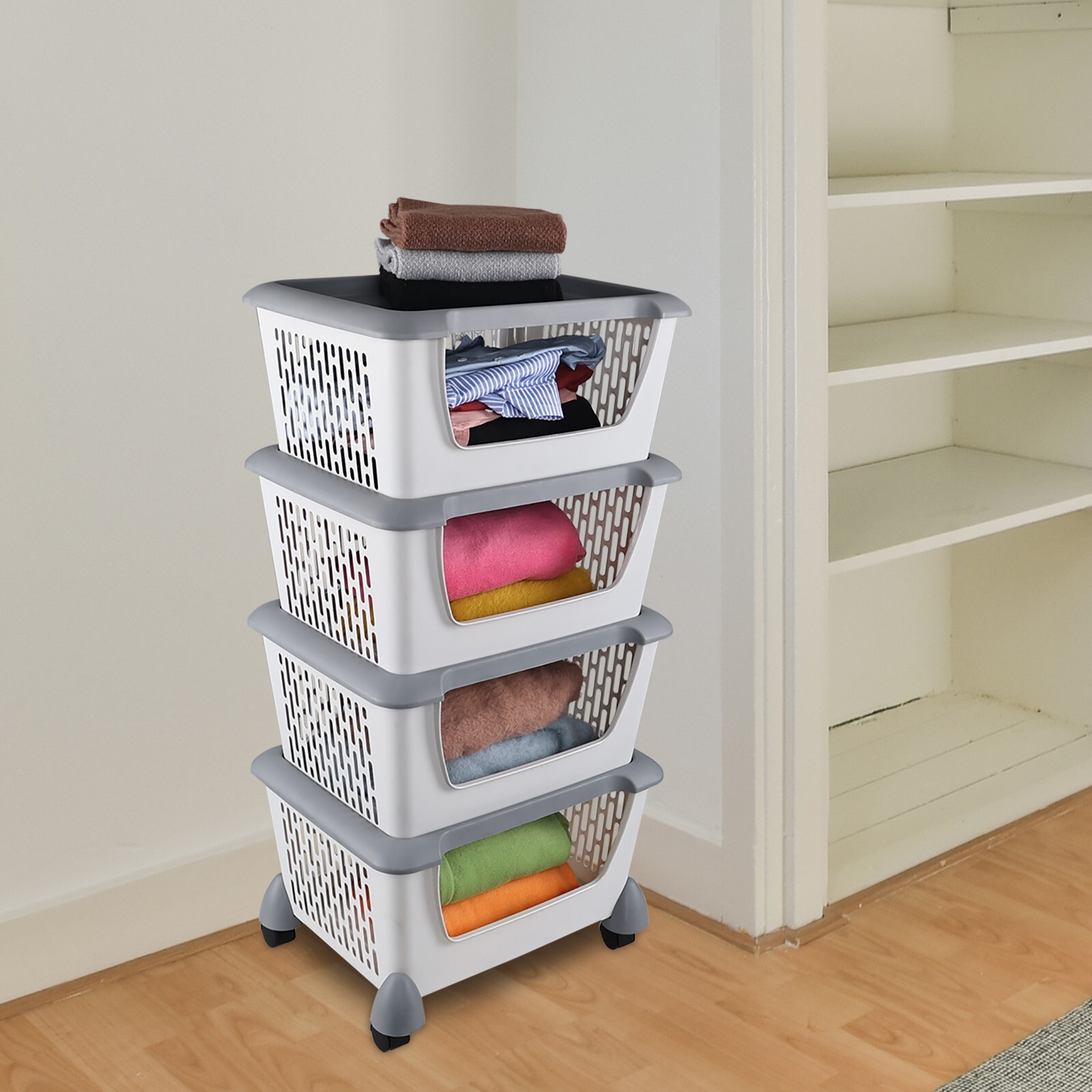 Idotry 4-Packs Plastic Stackable Storage Bins – Large Storage Basket with Wheels