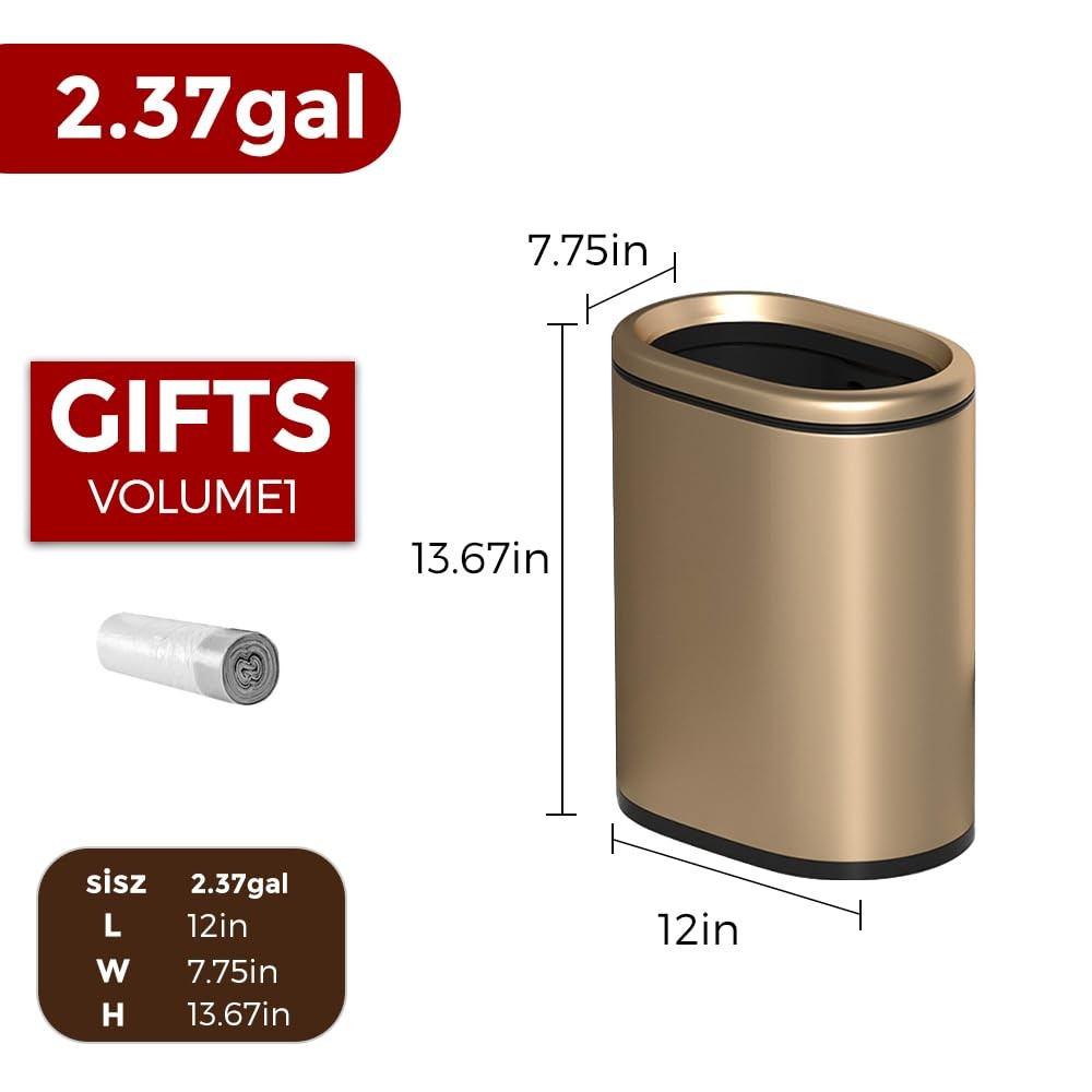 9L/2.4GALSlim Bathroom Trash Can, 12 * 7.75 * 13.67 inches, Stainless Steel w…