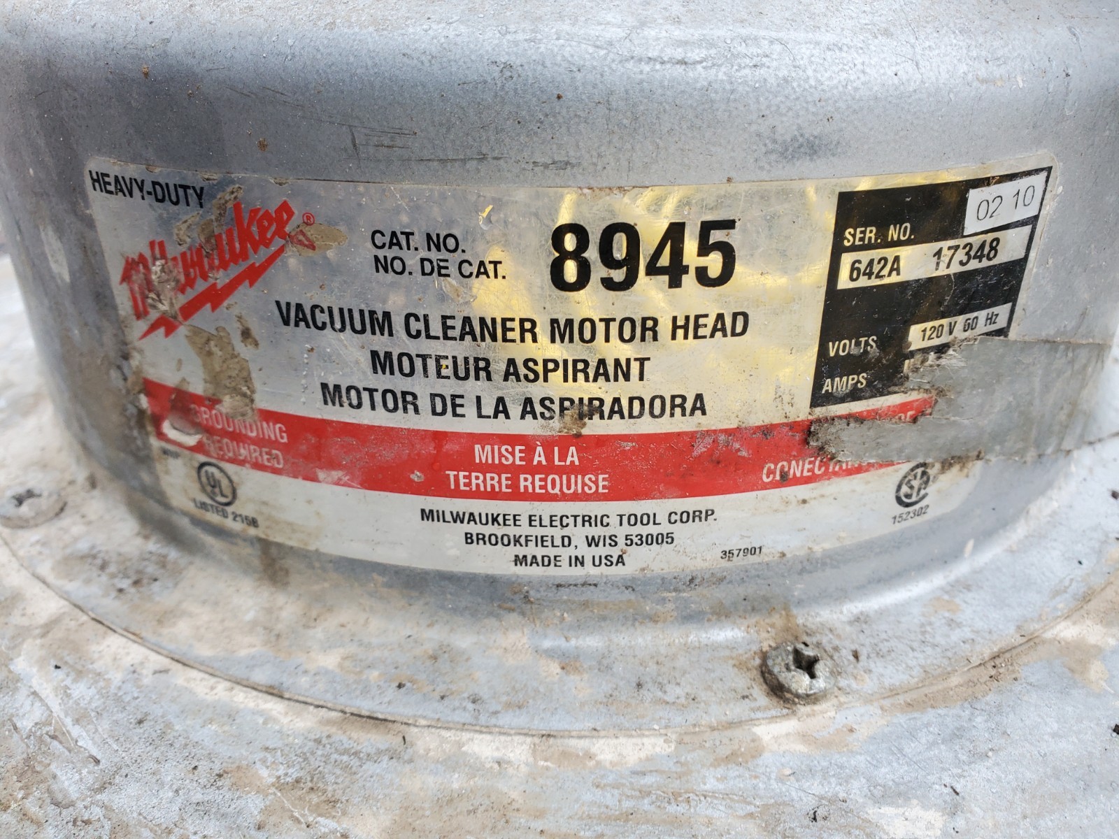 Milwaukee CAT # 8945 Vacuum Motor Head 120v 60hz Heavy Duty Made USA Metal Motor