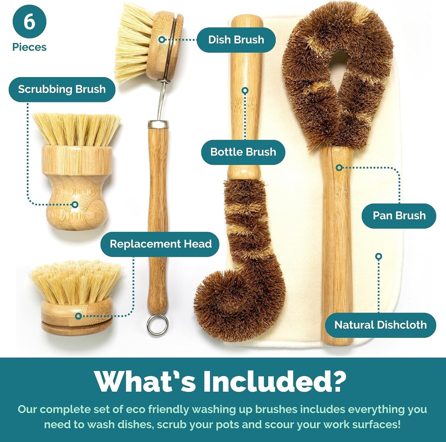 6 Pack Bamboo Dish Brush Set: Eco-Friendly Cleaning for Every Kitchen Need
