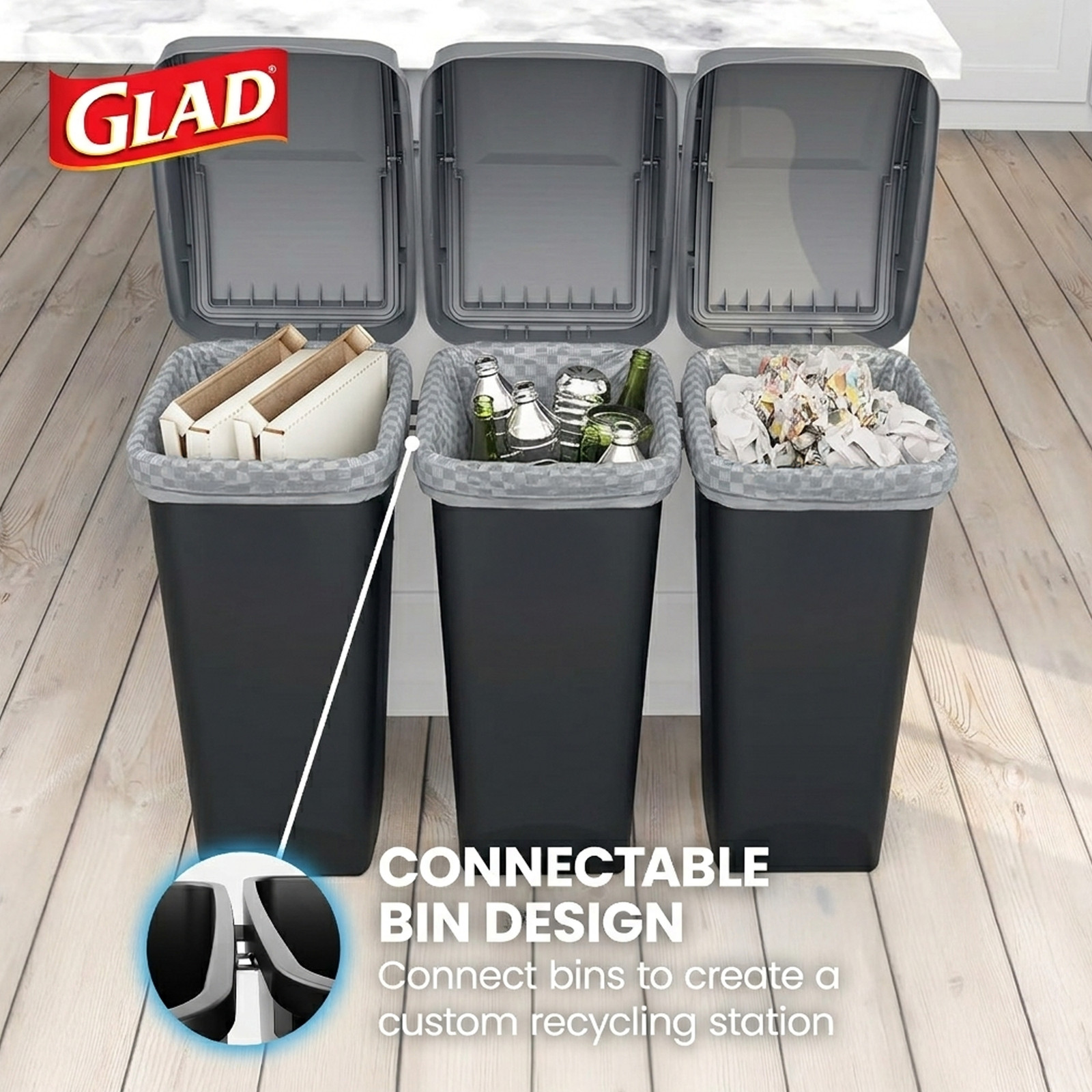 Glad Link & Sort 3-Piece Waste and Recycling Bin with Lid Set, 36 Gallon, Black