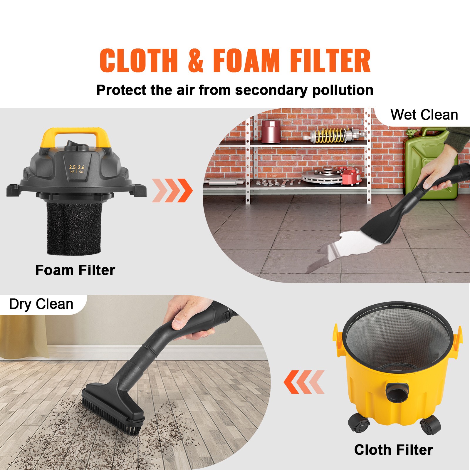 Wet Dry Vac Vacuum Cleaner 2.6 Gallon 2.5 Peak HP 3in1 Shop Vac Blower Cleaner