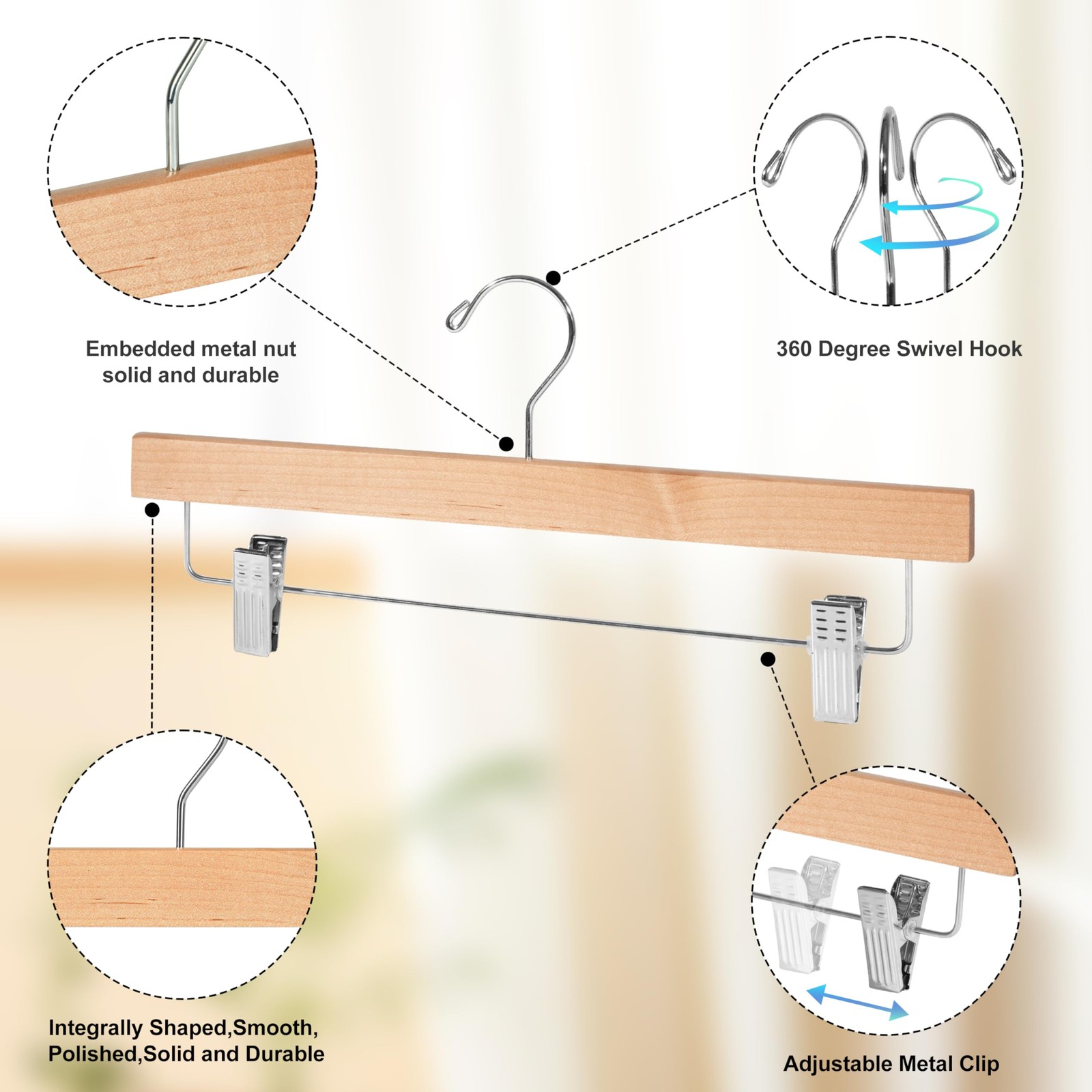Quality Hangers Wooden Pants 14 inches (L) x 6.5 (H), Natural