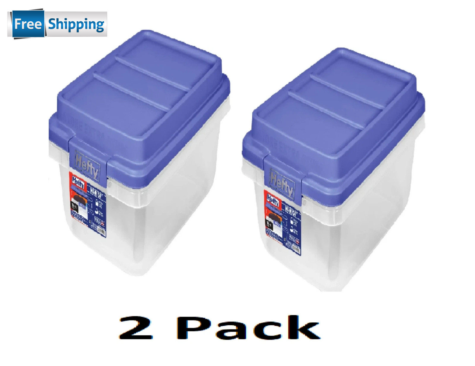 2pk Hefty 18 Quart Clear Plastic Latched Storage Bin with Blue HI-RISE Lid,Adult