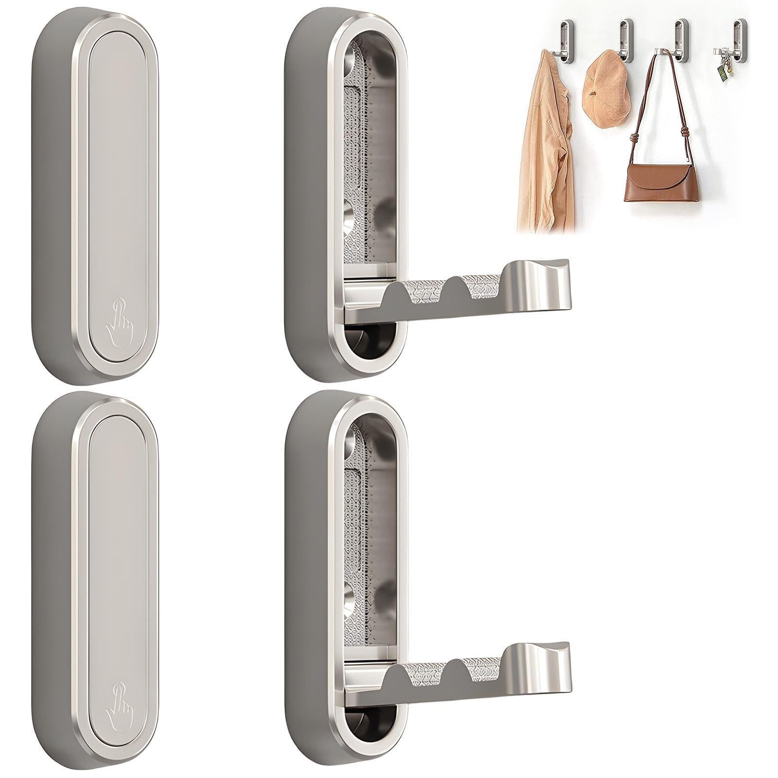 Foldable Coat Hooks Wall Mounted 4 Pack Silver Zinc Alloy Hooks for Hanging Bags