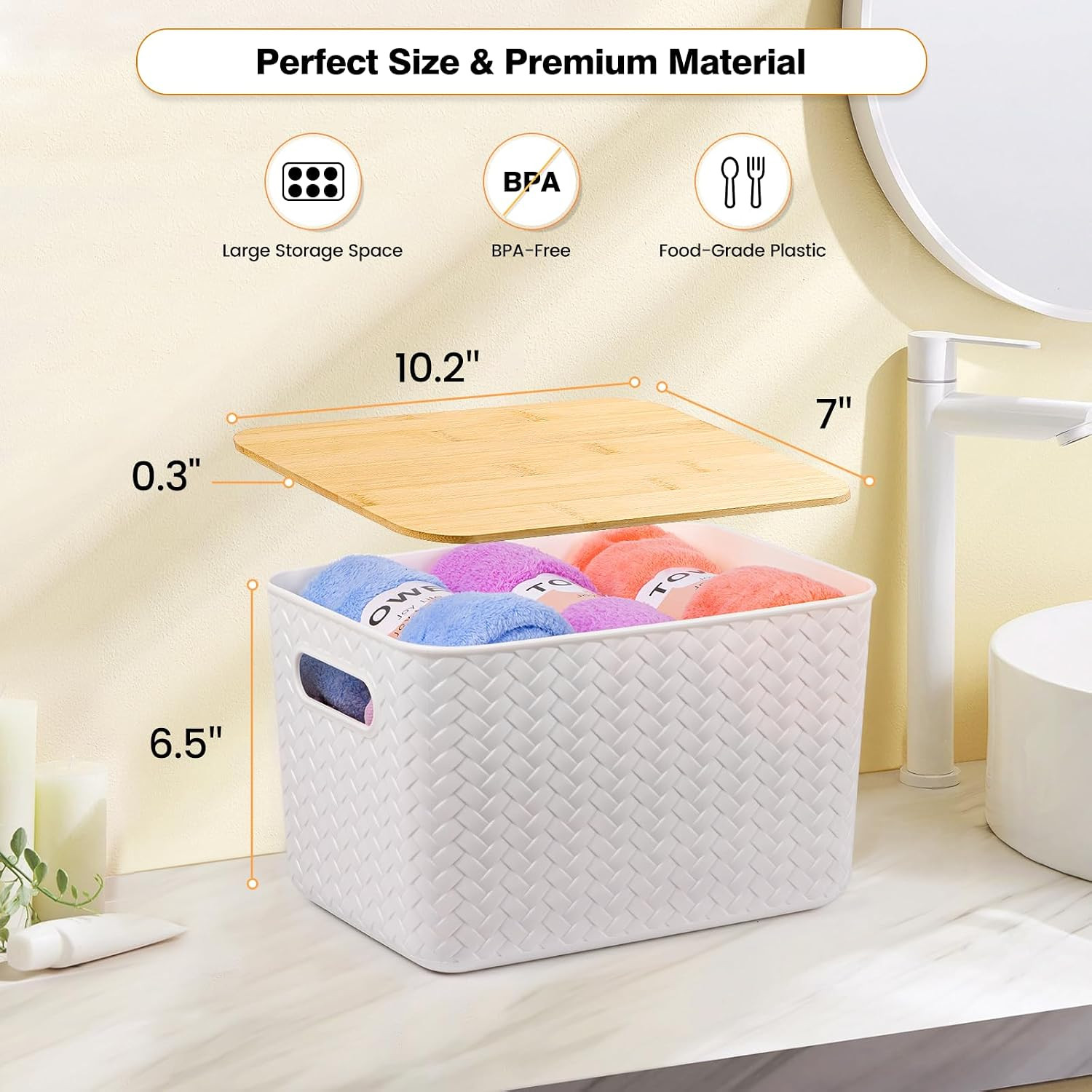 4 Packs Storage Bins with Bamboo Lids – Plastic Storage Containers with Lids Sta