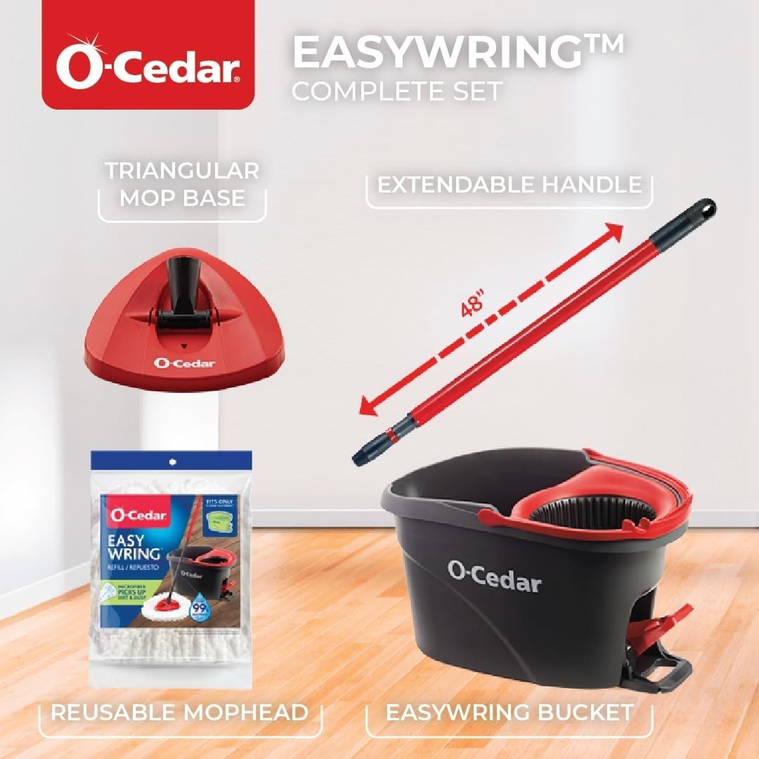 O-Cedar EasyWring Microfiber Spin Mop, Bucket Floor Cleaning System, Red, Gra…