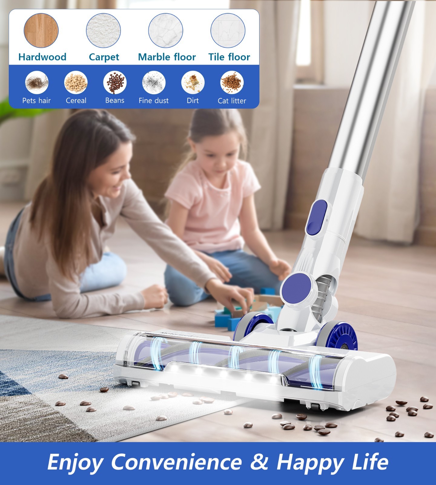 Cordless Vacuum Cleaner 65Kpa Suction Rechargeable 60min 1.5L Stick Lightweight
