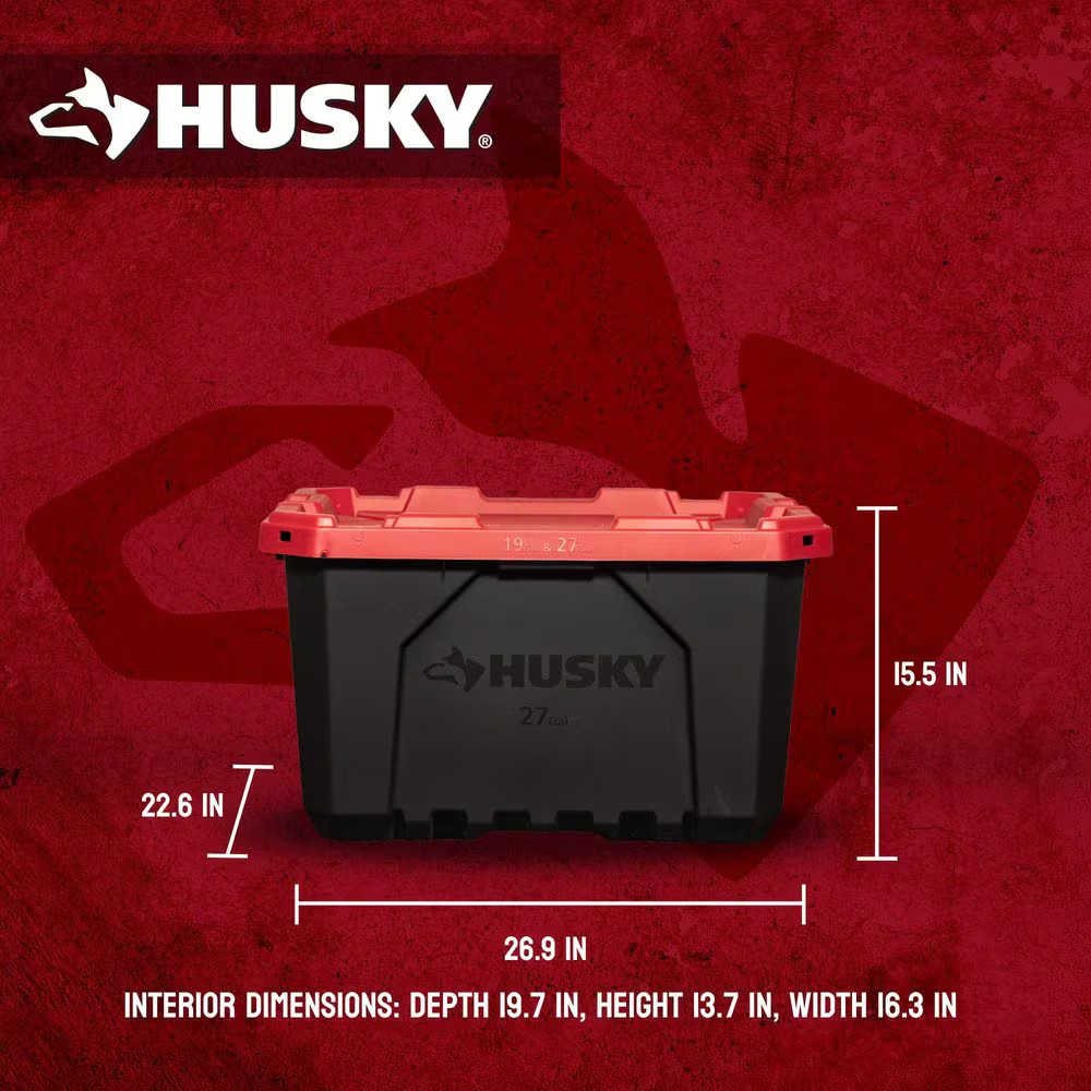 Husky 27 Gallon Storage Tote Bin Heavy Duty Stackable Lockable Lid Black Red