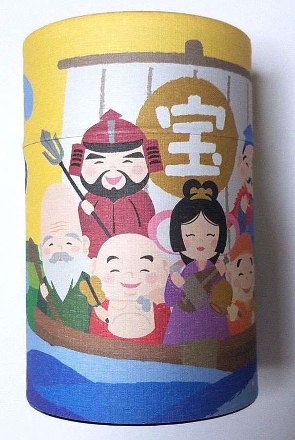 Japan Cylindrical Tea Can Seven Lucky Gods Empty Diameter 6.5cm X Height 10.5cm