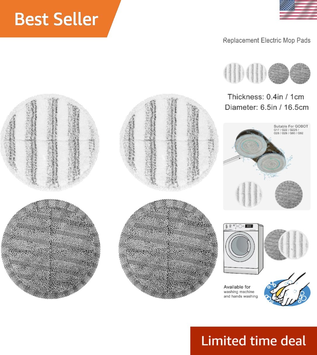 4-Pack 6.3in Electric Mop Replacement Pads – 2 Gray High-Absorbent Pads & 2 W…