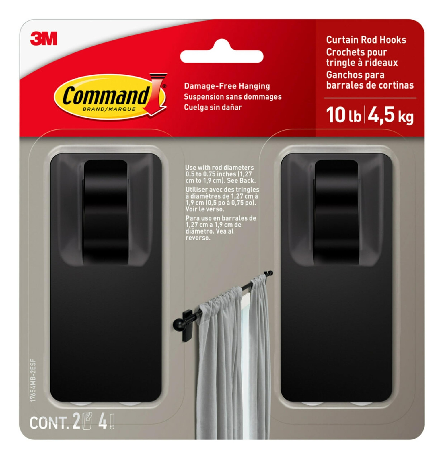 2 Pack Command Hooks Matte Black Storage Hooks for Curtain Rods Damage Free