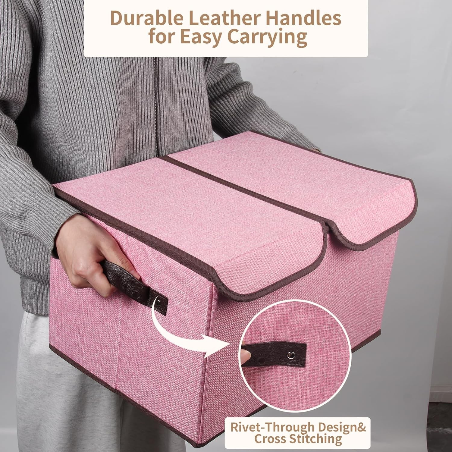 Fabric Foldable Storage Box Pink 16.5×11.8×9.8in Double-Lid Dividers Organizer