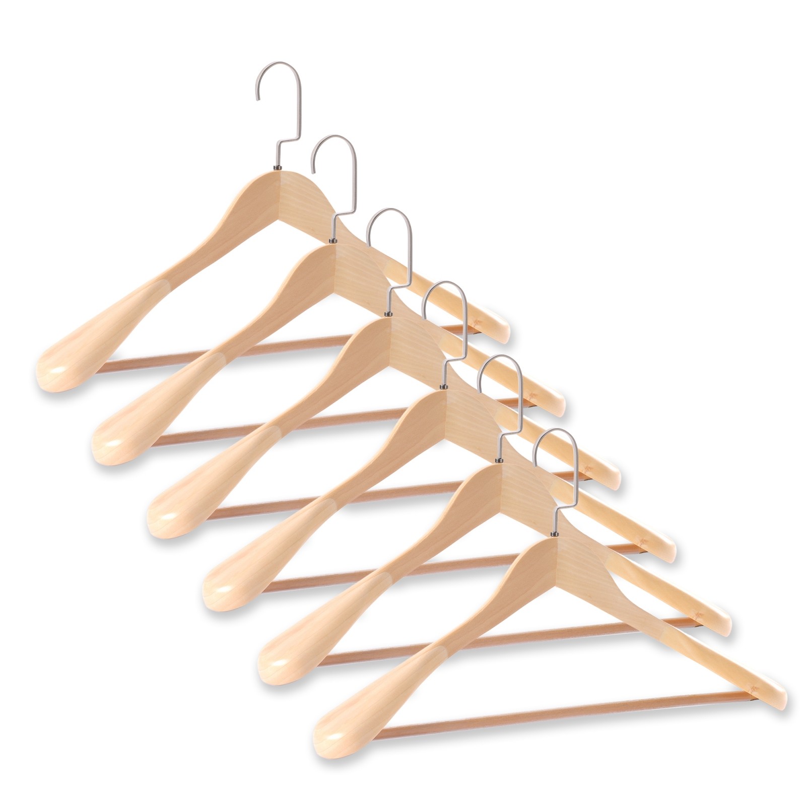 24/48Pcs Wide Shoulder Solid Wood Hangers w/ Non Slip Pants Bar Smooth Finish