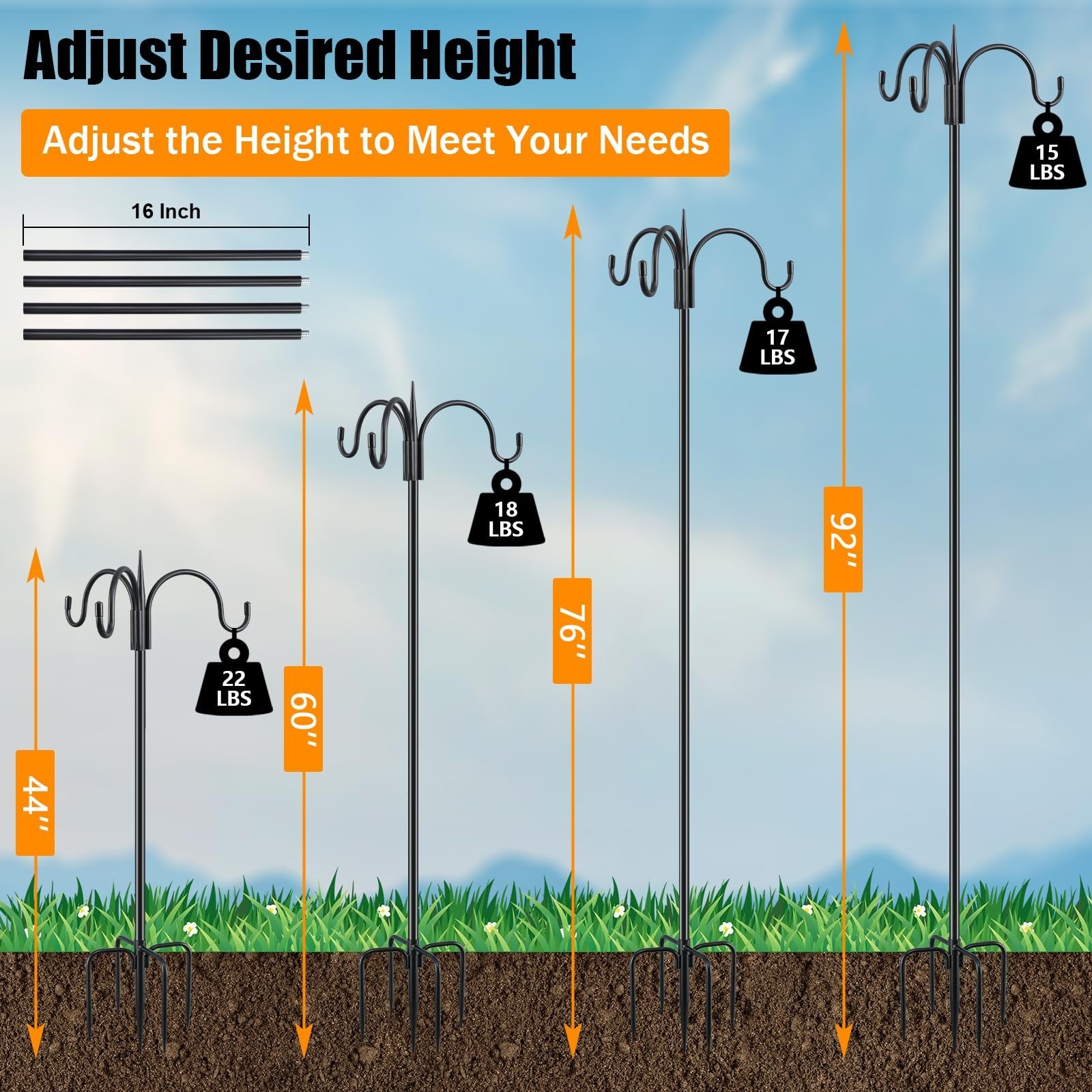 Heavy Duty 92″ Shepherd’s Hook – Adjustable Metal Bird Feeder Pole, 15lb Capacit