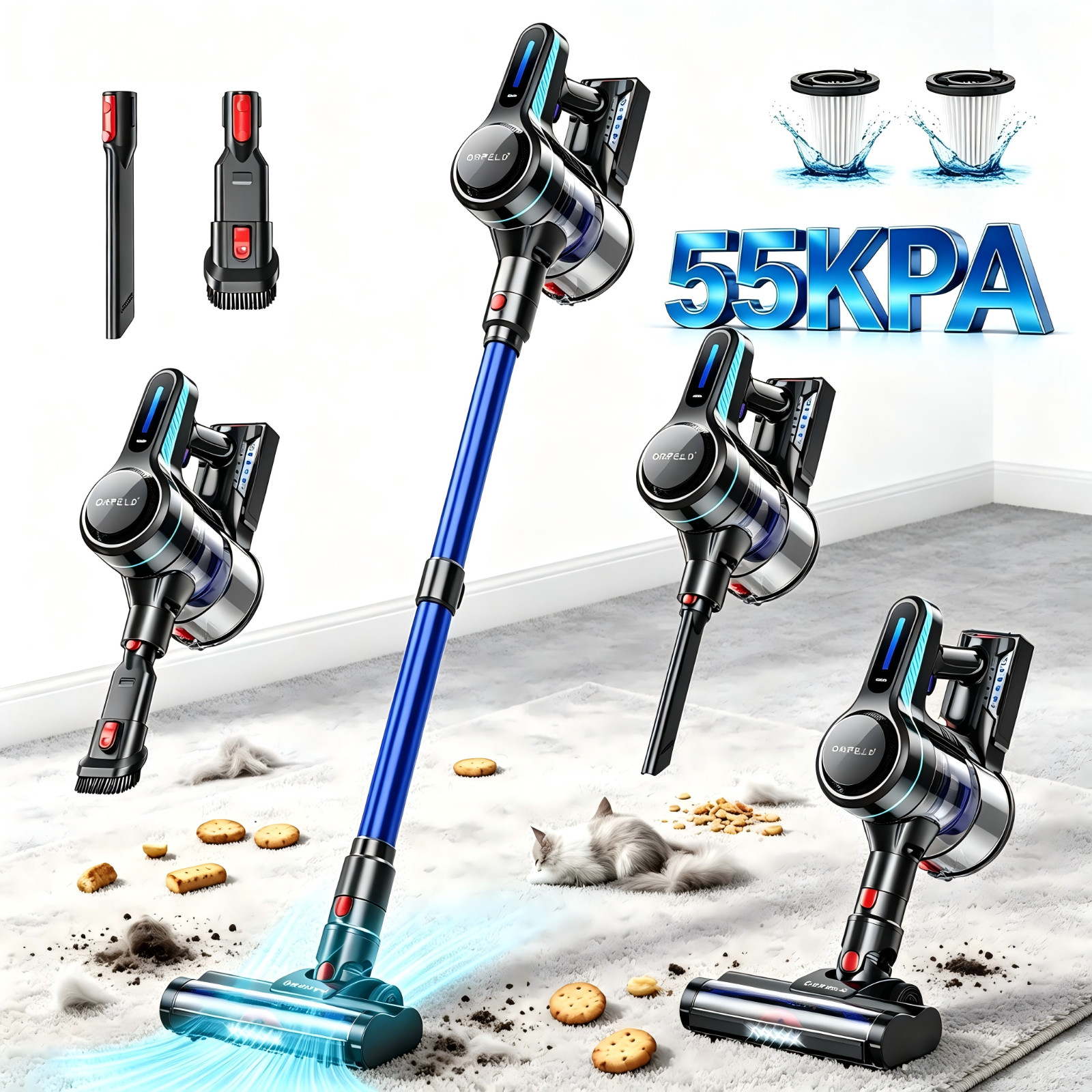 Cordless Vacuum Cleaner 65KPa Lightweight Pet Hair Carpet Hardwood Stick 1.5L