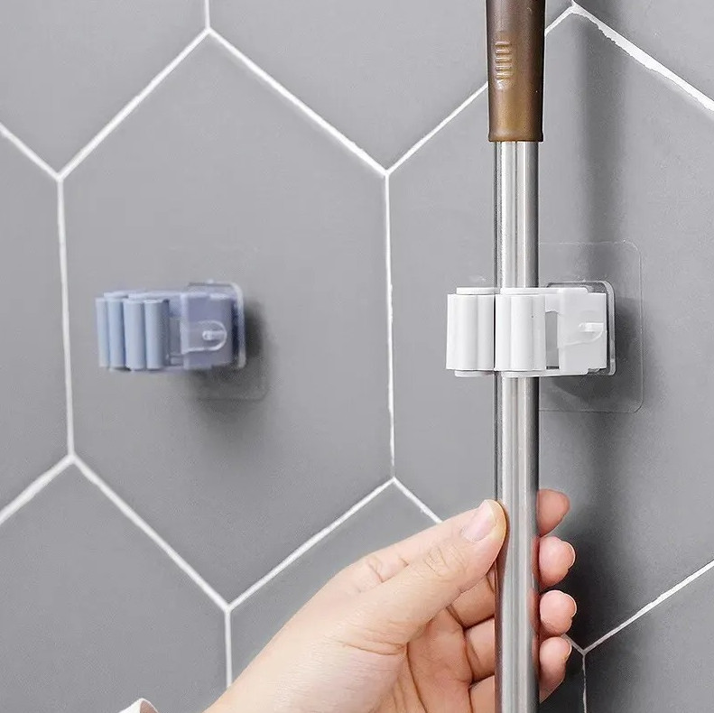 4pcs Wall Mounted Adhesive Mop Broom Clip Holder for Kitchen & Bathroom