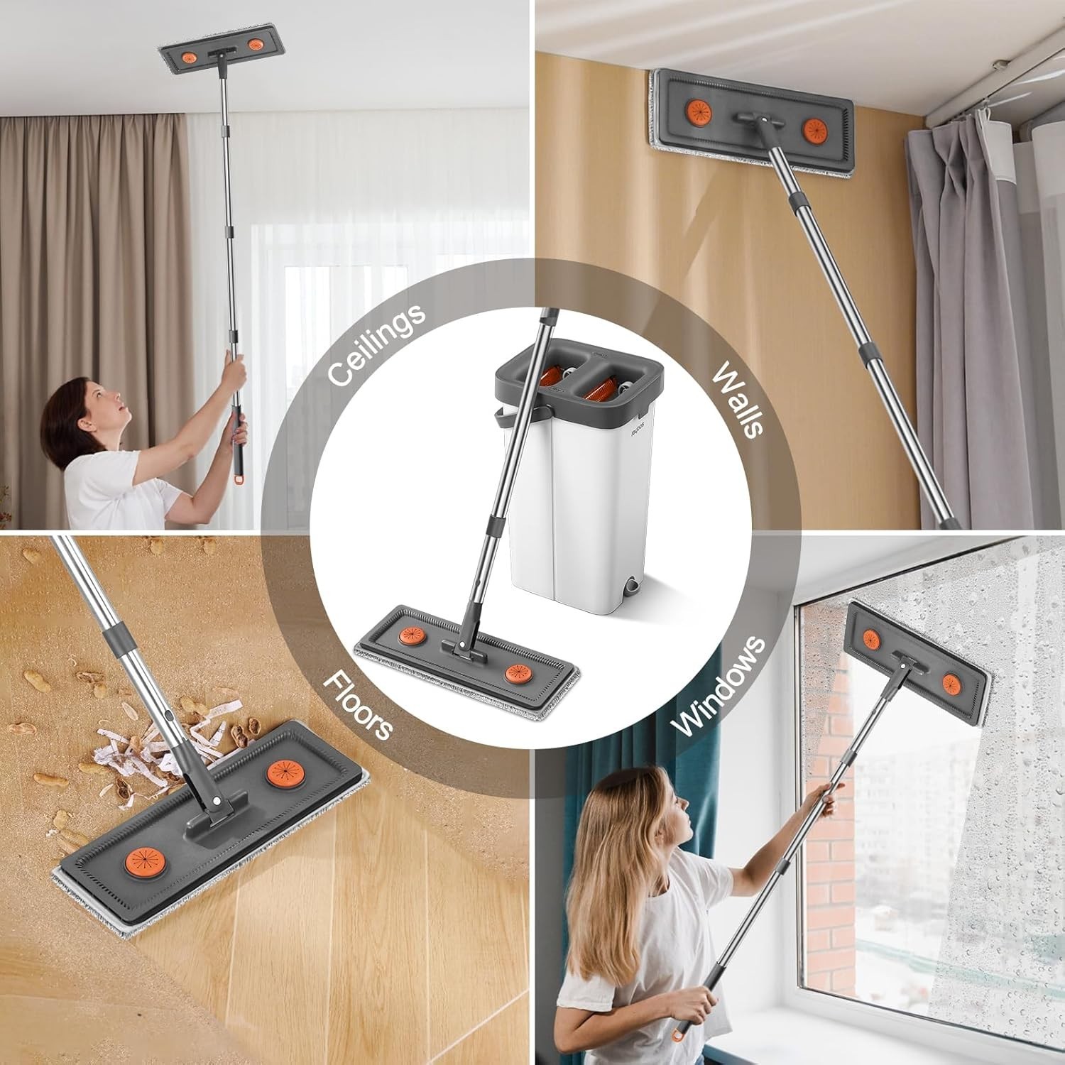 Flat Mop Bucket Set Wringer 61in Handle 4 Microfiber Pads 360 Spin Floor Cleaner
