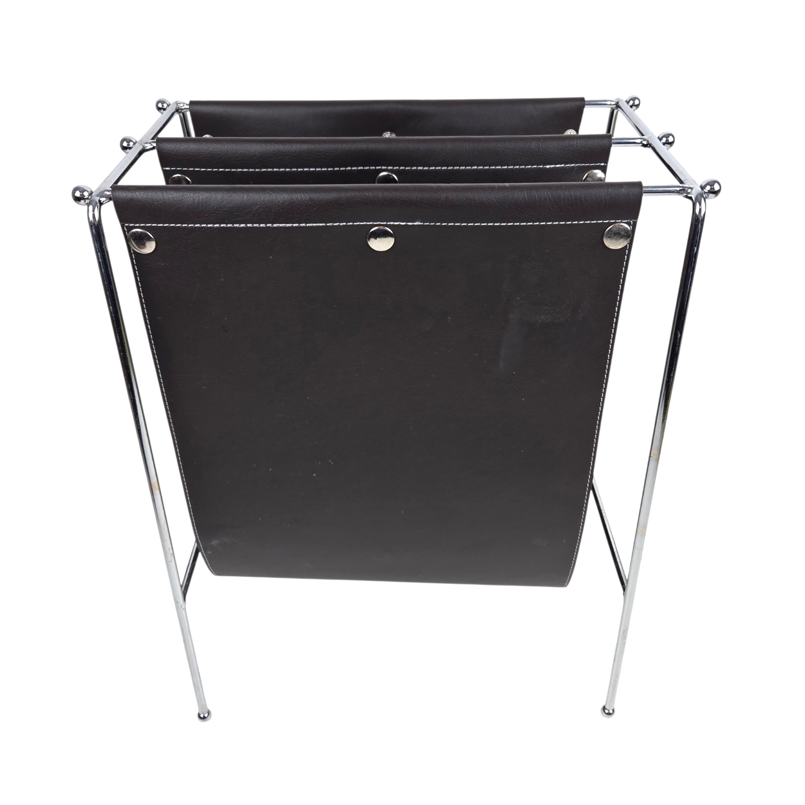 Mid Century Jacques Adnet Style Leather Grain Black Vinyl Chrome Magazine Rack