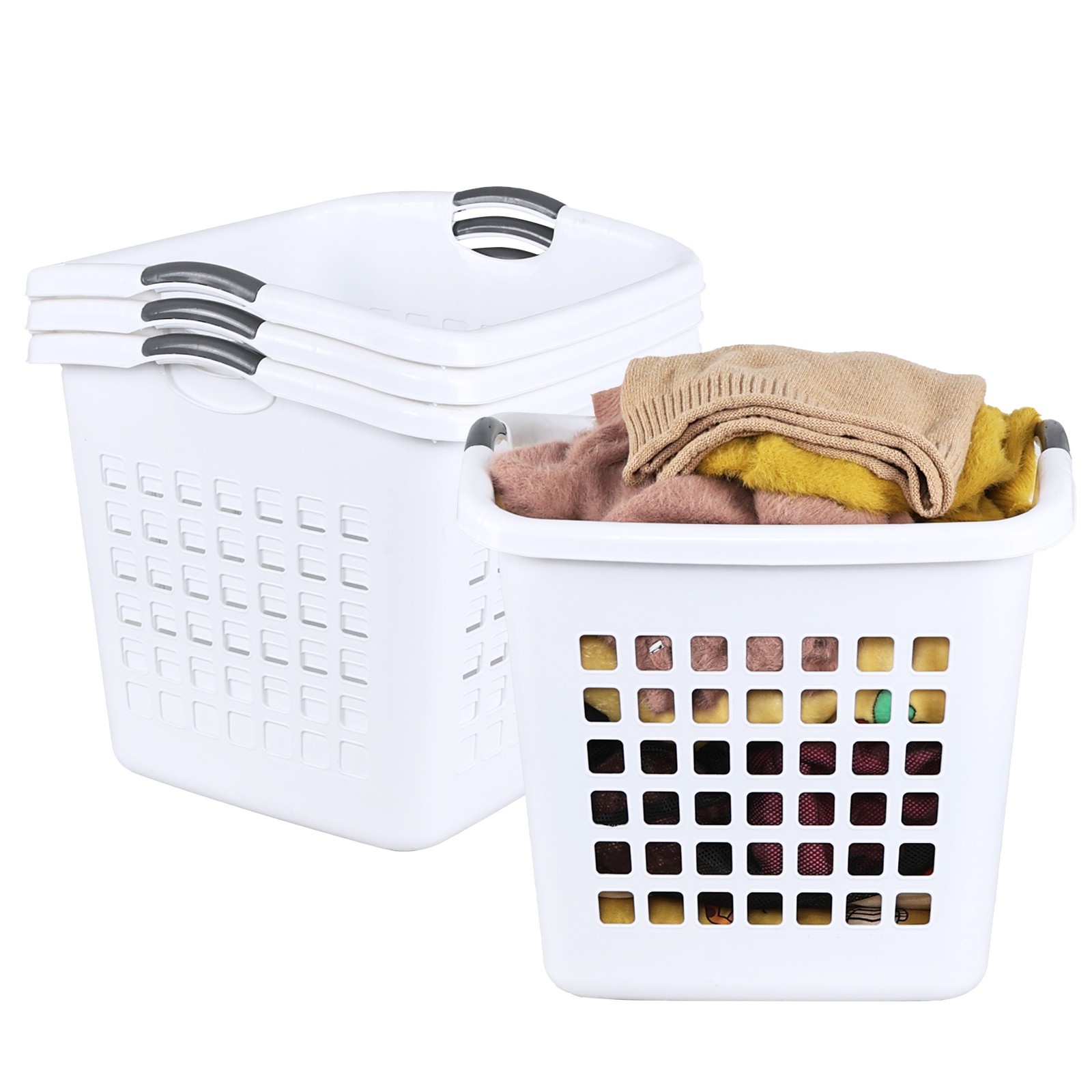 Aninhao 4 Pack 70 L Large Plastic Laundry Hamper with Cut-out Handles, White