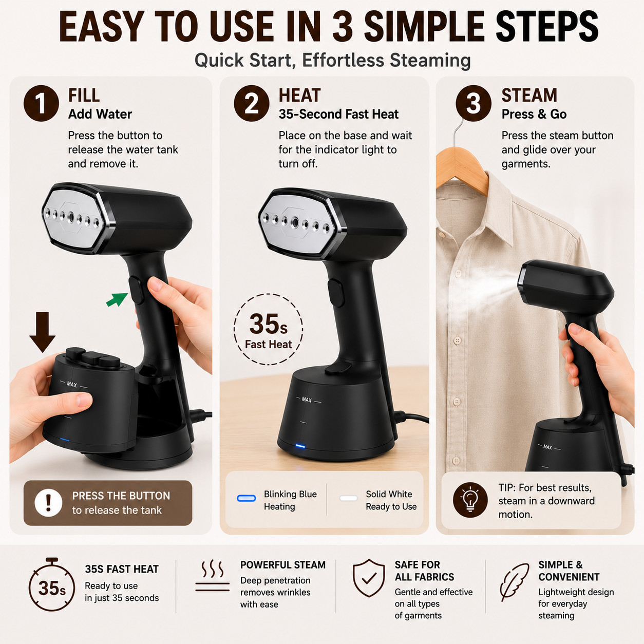 Compact Handheld Garment Steamer for Clothing. Heats Up in 30 Seconds