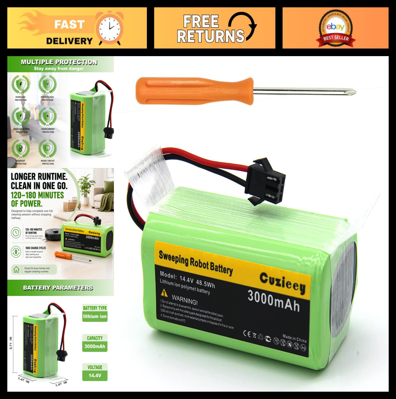 Replacement Battery for Robot Vacuums – 3000mAh, 120-180 Min Runtime, Compatible