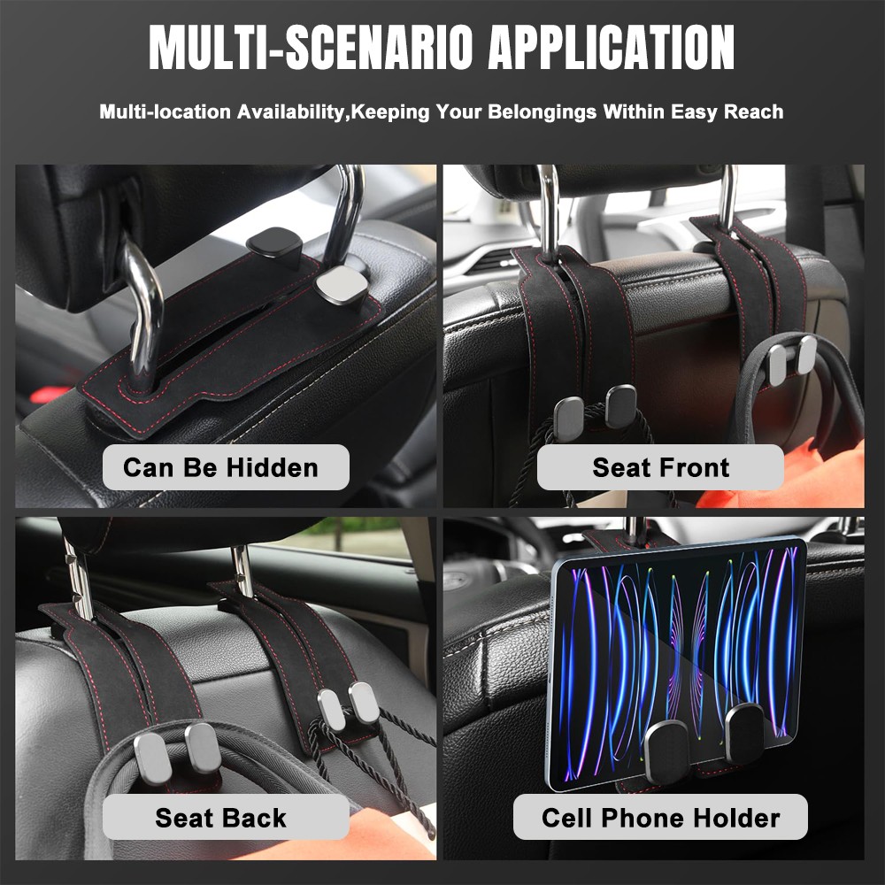 2x Car Headrest Double Hook Leather Seat Back Hanger Holder for Purses Bag Black