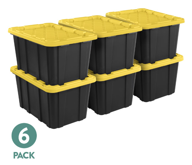Sterilite 27 Gal Storage Tote Snap-On Lid Black/Yellow 6 Pack