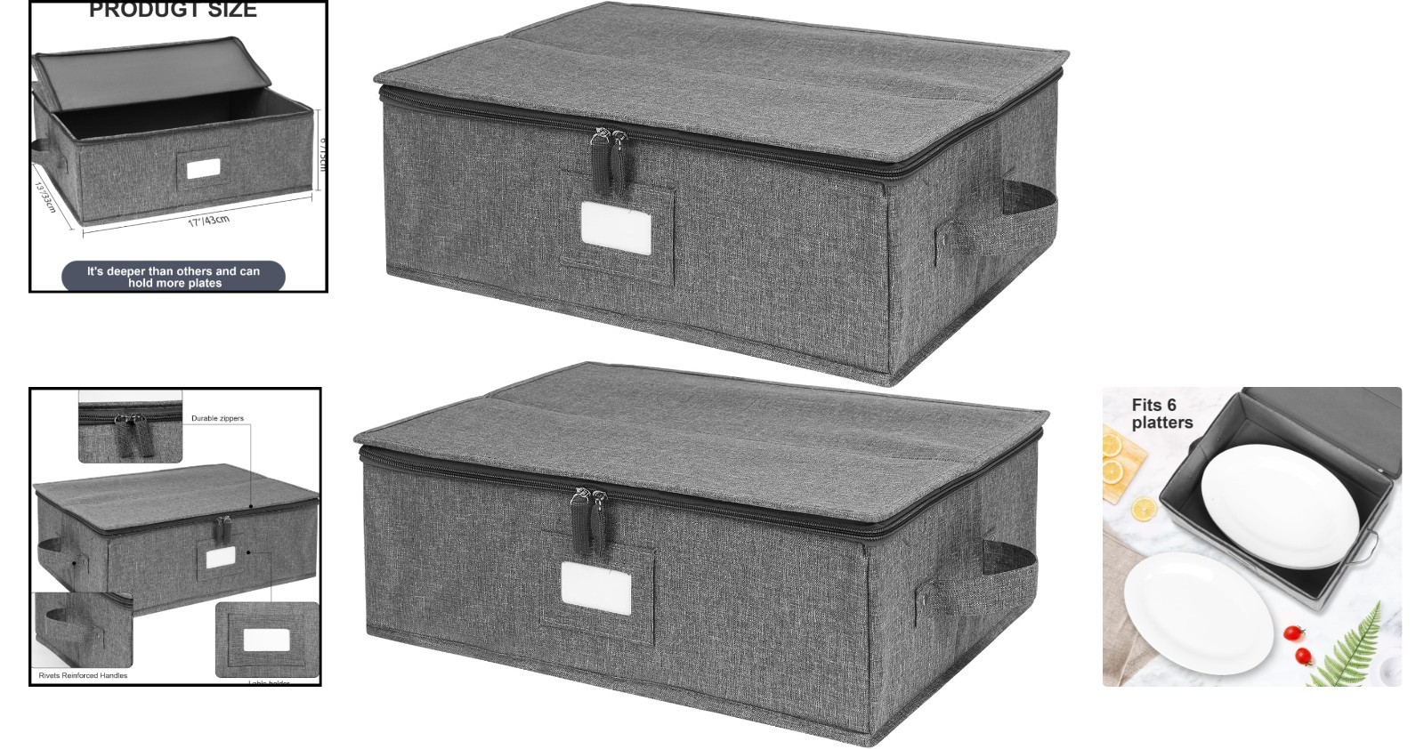 2 Pack Luxury Hard Shell China Storage Cases with Felt Dividers – 17″ x 13″ x 6″
