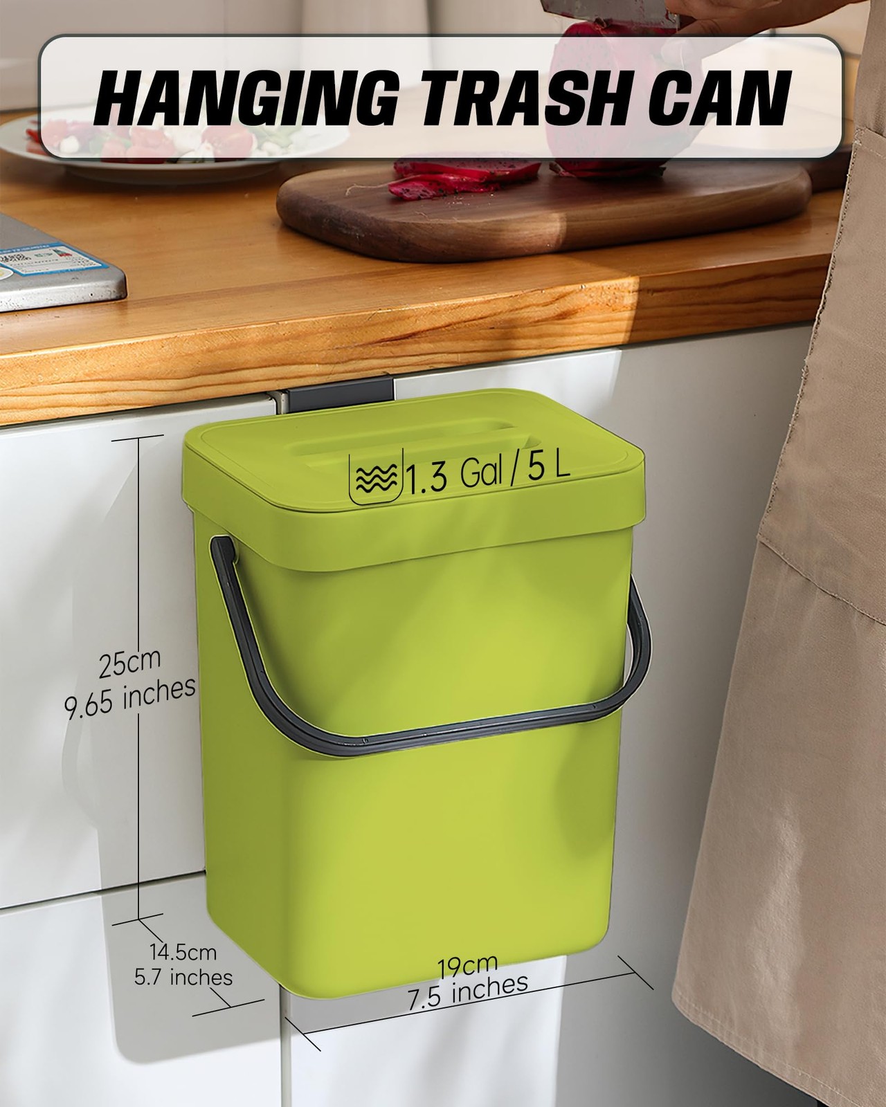 1.3 Gal Hanging Small Trash Can with Lid, Countertop Compost Bin, 5L, Green