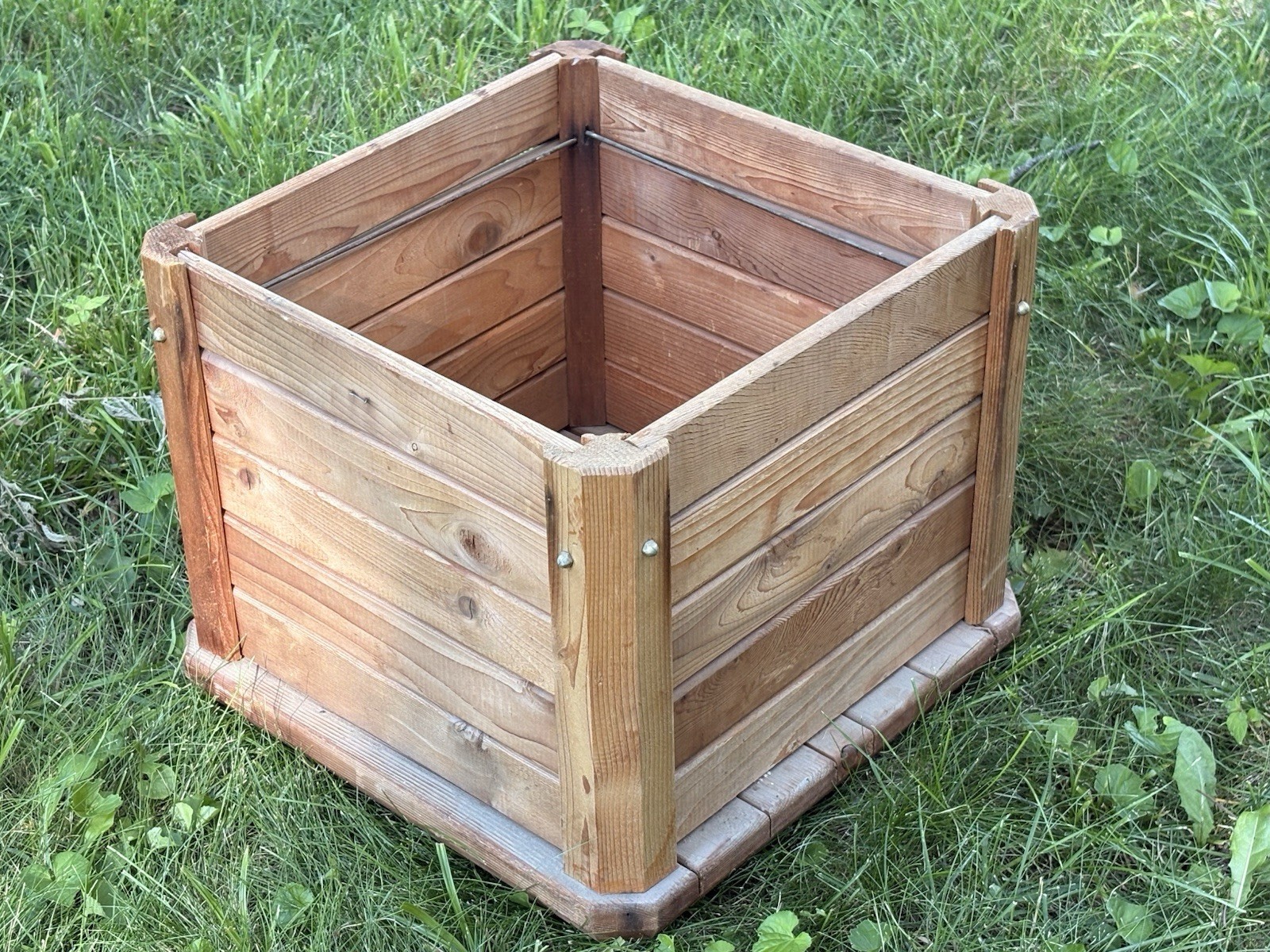 Rustic Slatted Pine Wood Storage Bin Planter Box Farmhouse 14×14 Inch Square Vtg