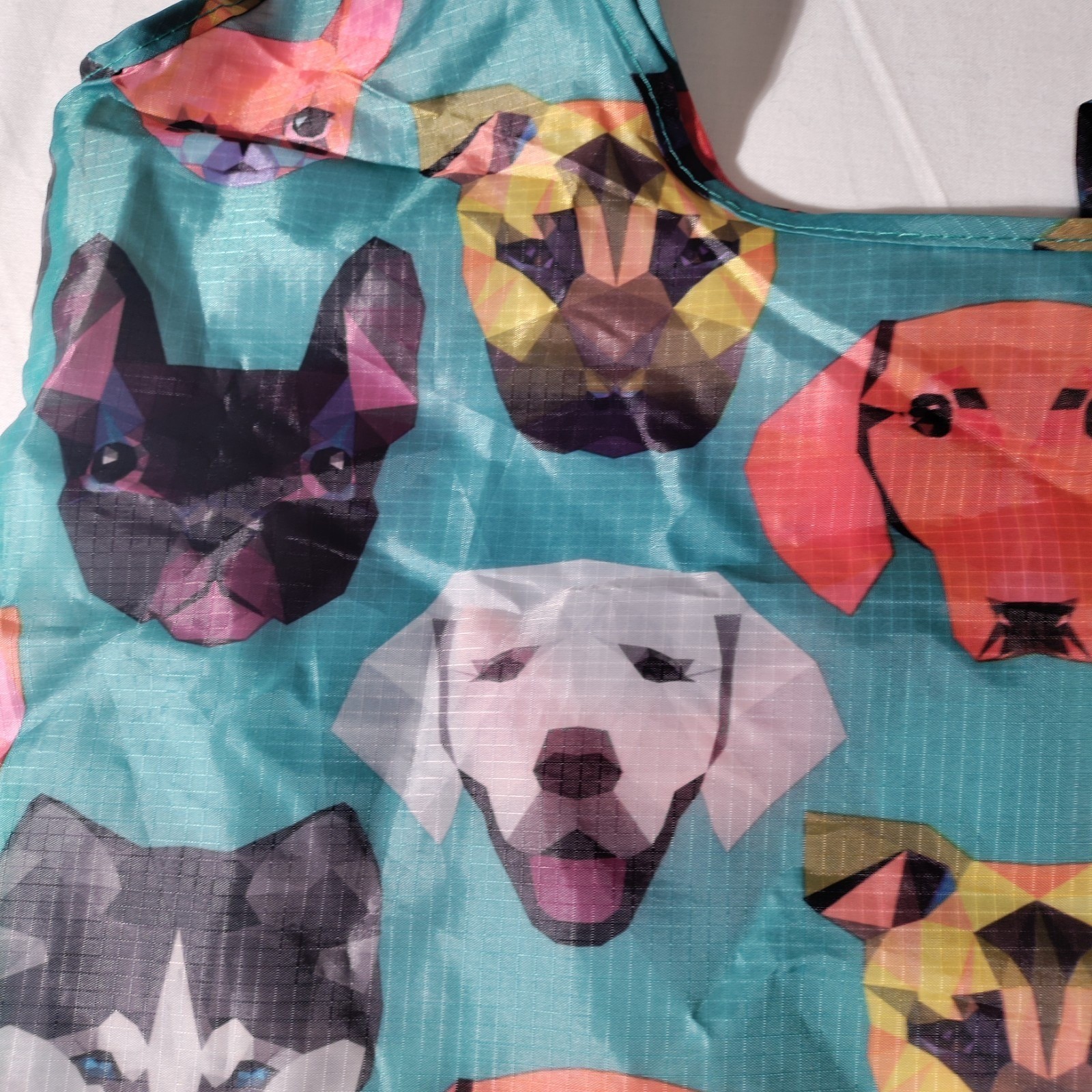 BeeGreen Reusable Nylon Shopping Teal/ Blue Tote Bag with Dog Faces All Over