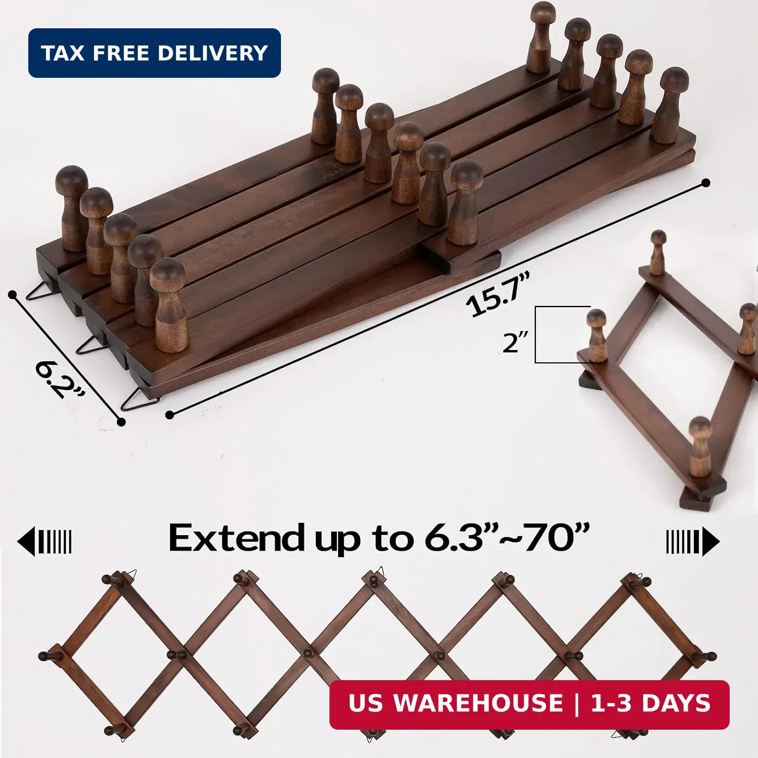 Hat Rack for Wall, Expandable Wall Hat Holder with 16 Hooks, 16 inch Wooden Wall