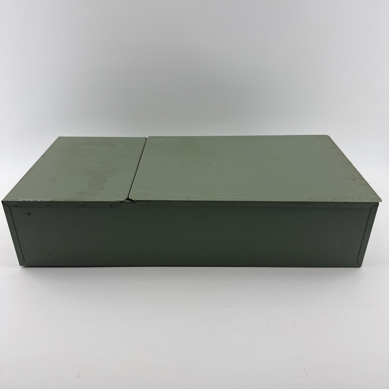 Vintage X-10 Light Green Metal Storage Box 21.5x10x5 Slide Lid