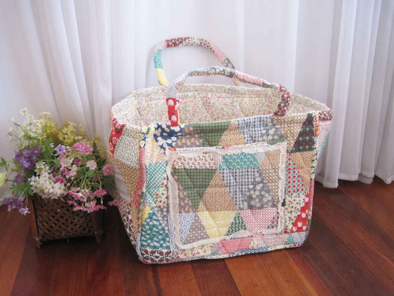 Lovely Flower Patch White Frill Embroidery Cotton Quilted Storage Basket NEW